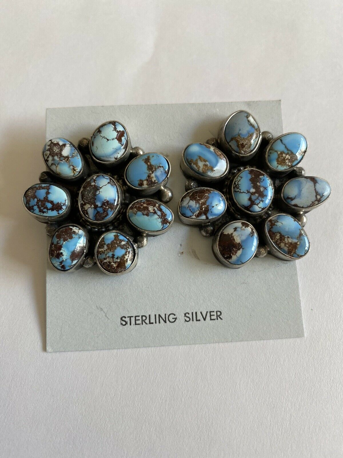 Navajo Sterling Silver & Golden Hills Turquoise Cluster Post Earrings Signed