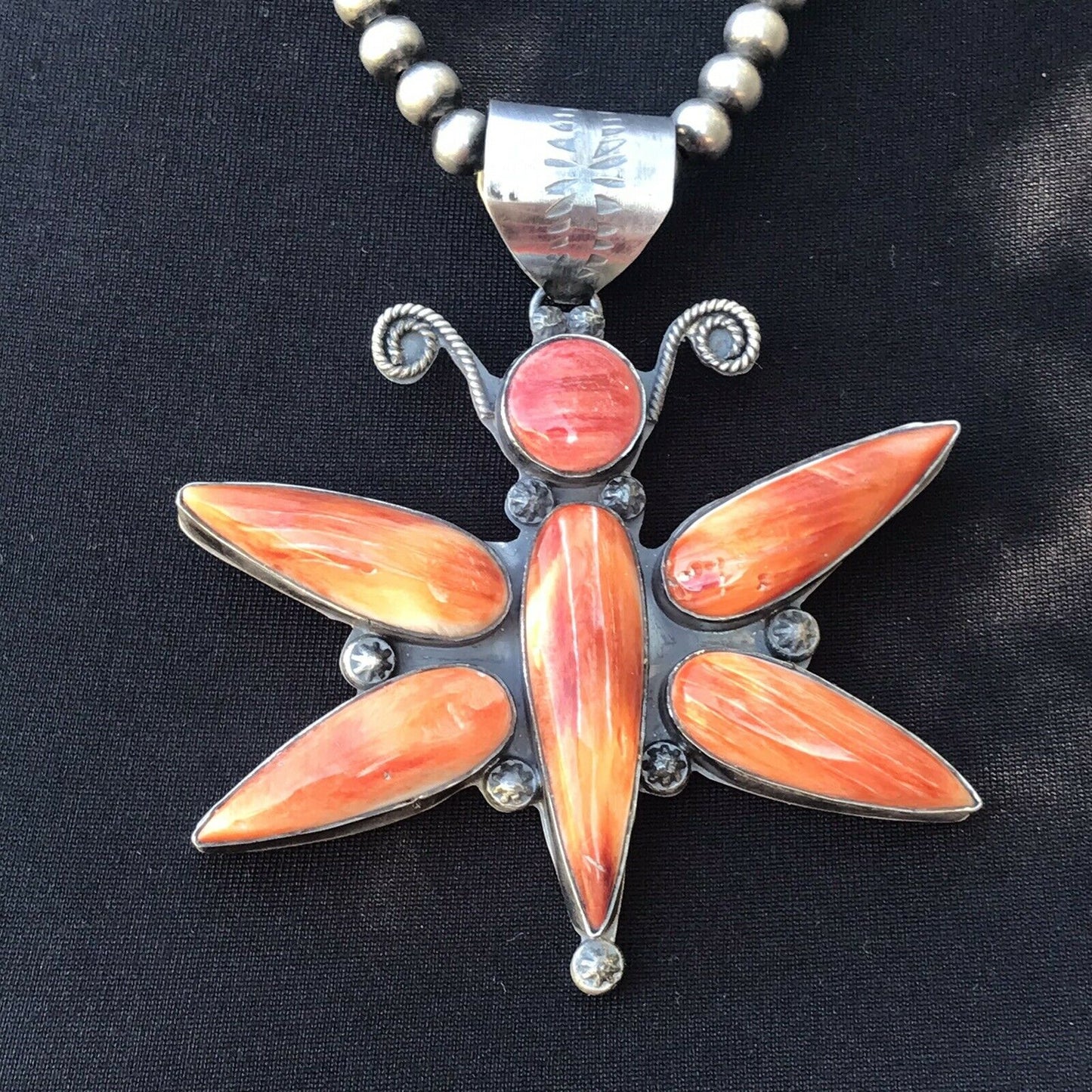 Navajo Sterling Silver Orange Spiny Oyster Dragonfly Pendant Signed