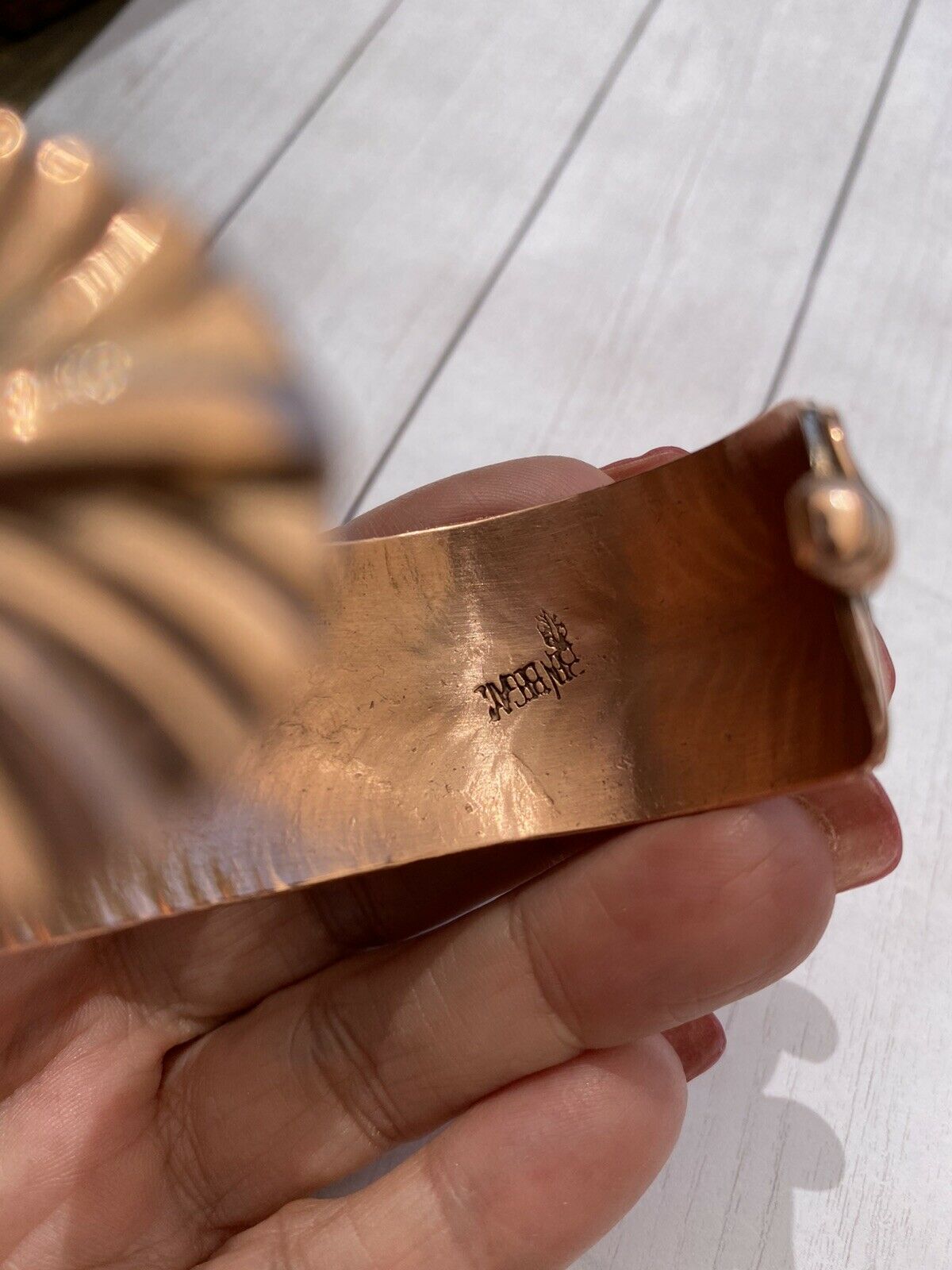 Navajo Copper Hand Stamped Feather Bracelet Cuff