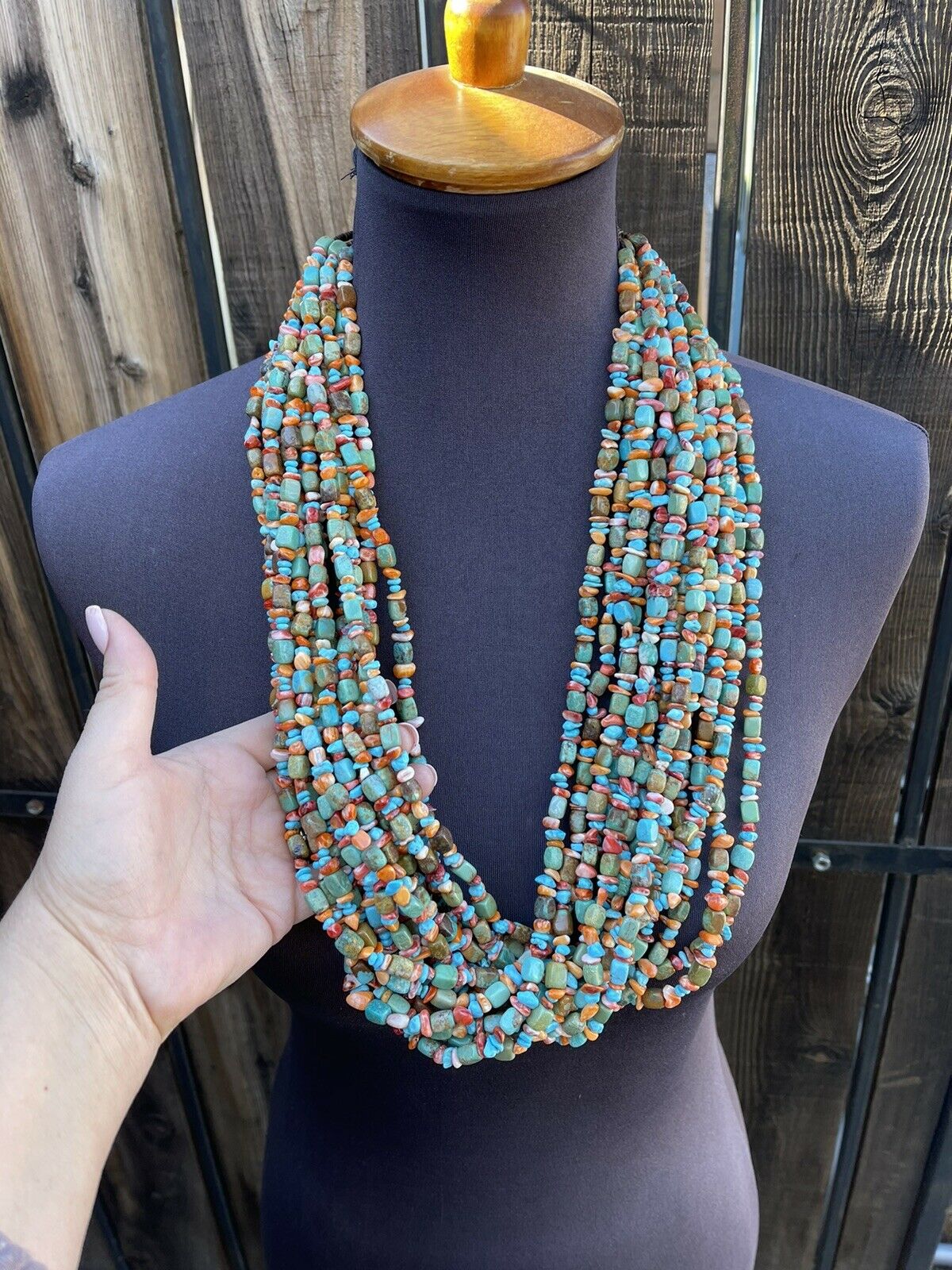 Navajo Turquoise Multi Stone & Sterling Silver 15 Strand Beaded Necklace