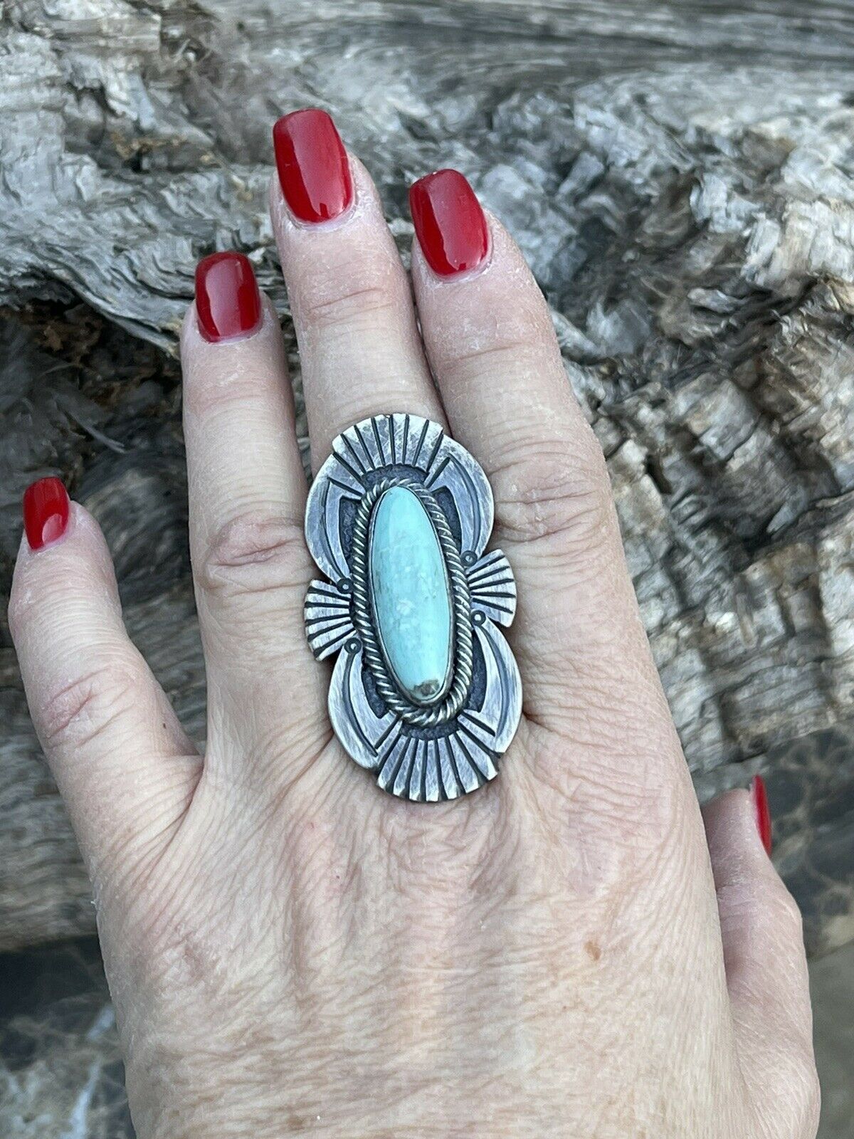 Navajo Sterling Silver Turquoise Nouveau Statement Ring Sz 8