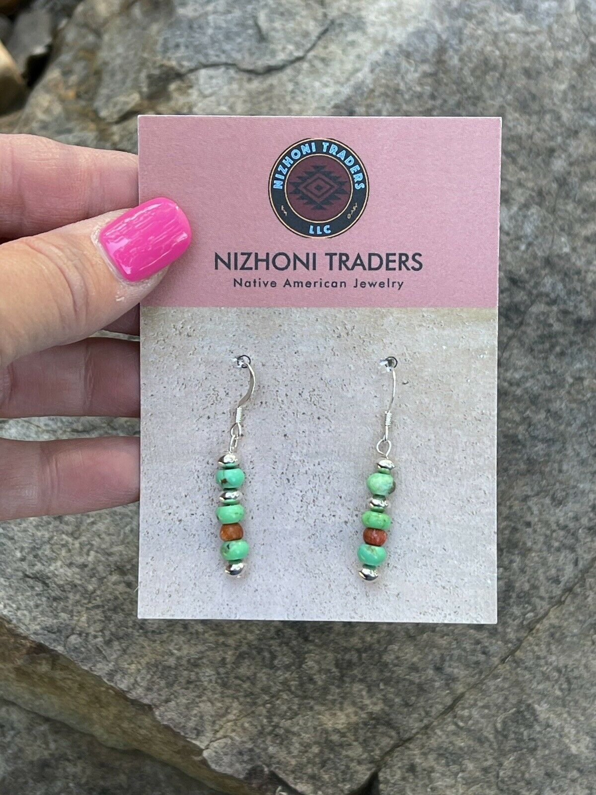 Navajo Sterling Apple Coral & Green Kingman Turquoise Dangle Bead Earrings