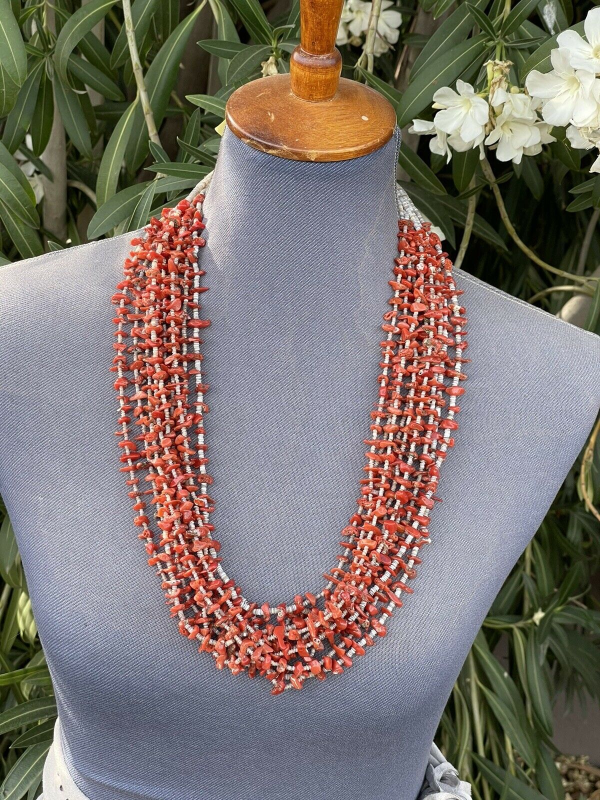 Vintage Old Pawn Navajo Natural Coral Beaded Turquoise & Heishi Necklace