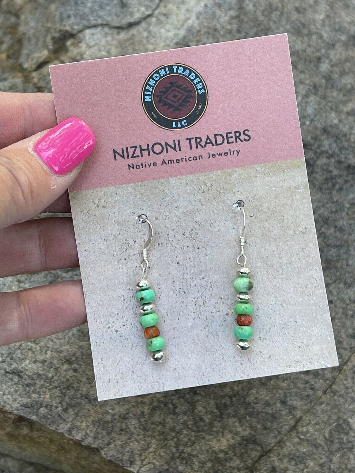 Navajo Sterling Apple Coral & Green Kingman Turquoise Dangle Bead Earrings