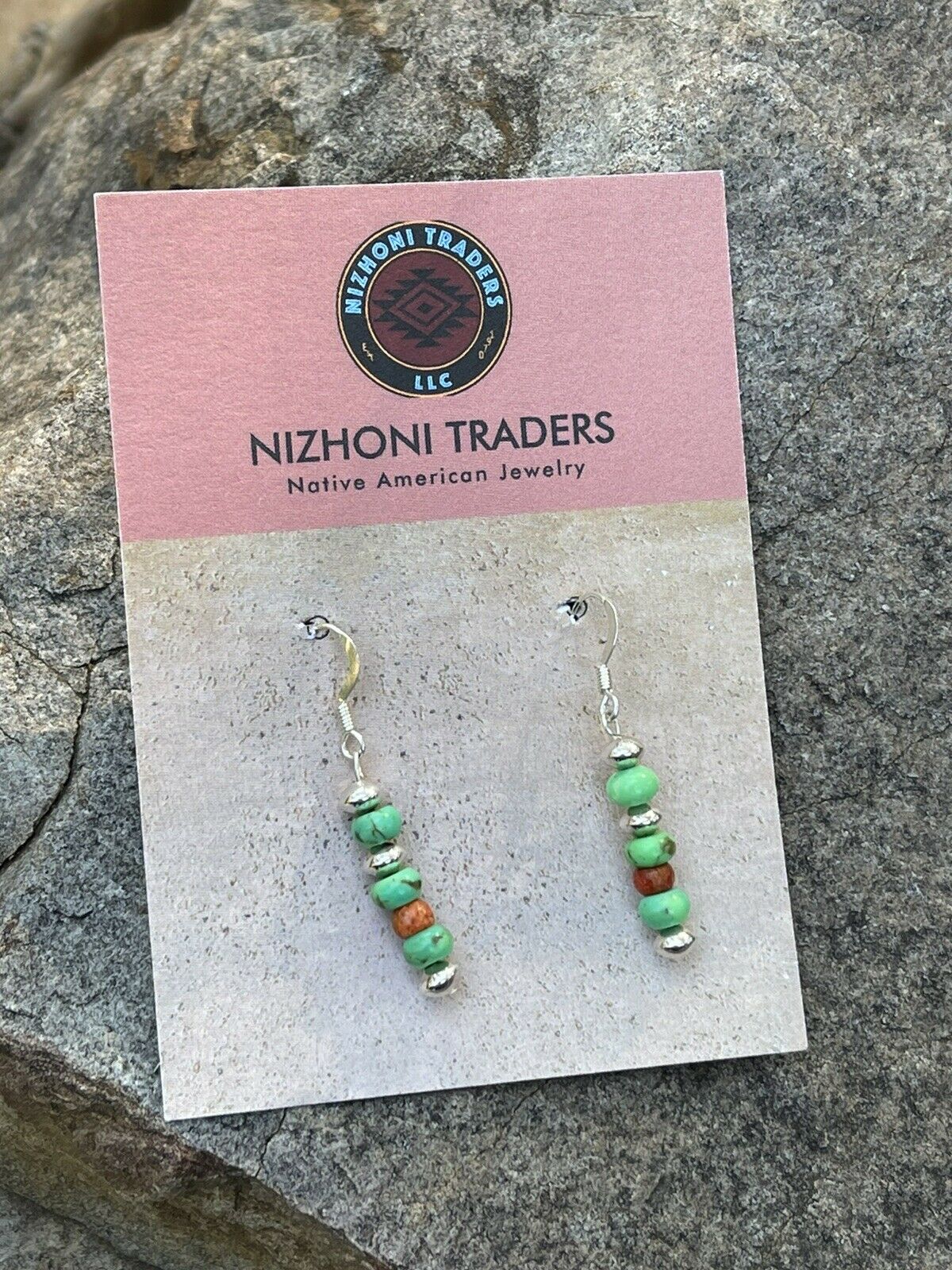 Navajo Sterling Apple Coral & Green Kingman Turquoise Dangle Bead Earrings