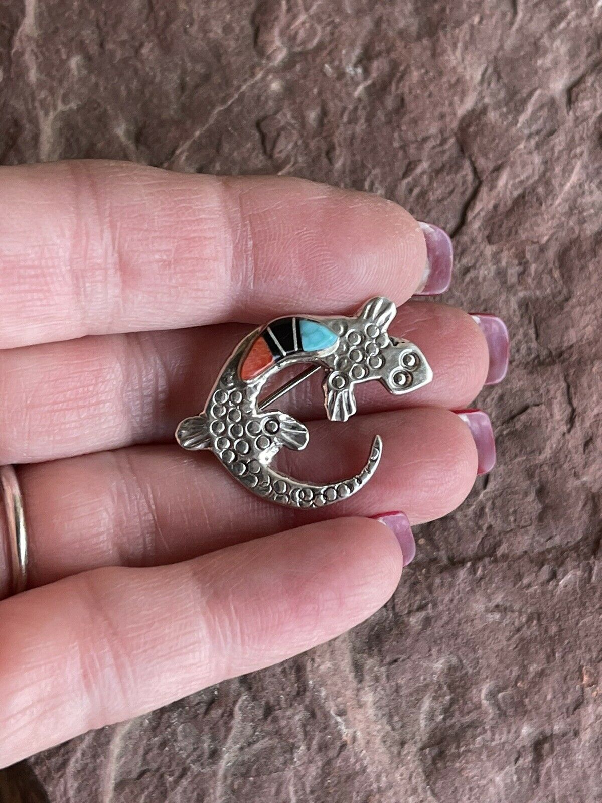 Navajo Sterling Silver Turquoise, Onyx and Spiny Stone Lizard Pendant Pin Signed