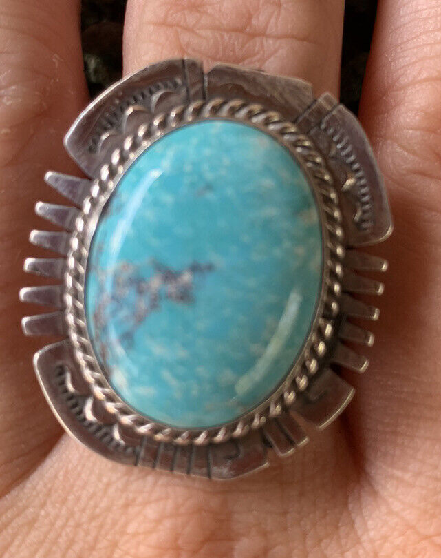 Navajo Kingman Turquoise Stamped Sterling Silver Signed Statement Ring