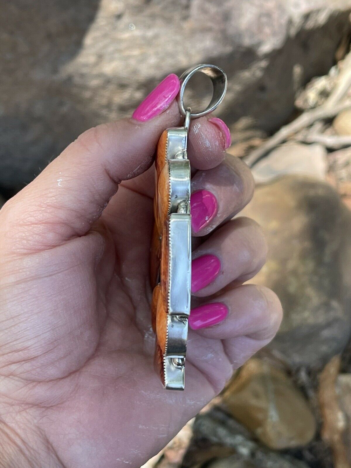 Navajo Sterling Silver Orange Spiny Jumbo Cluster Pendant
