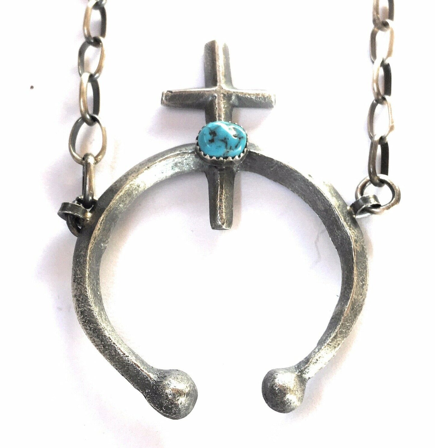 Navajo Turquoise Sterling Silver Naja Cross Necklace Signed
