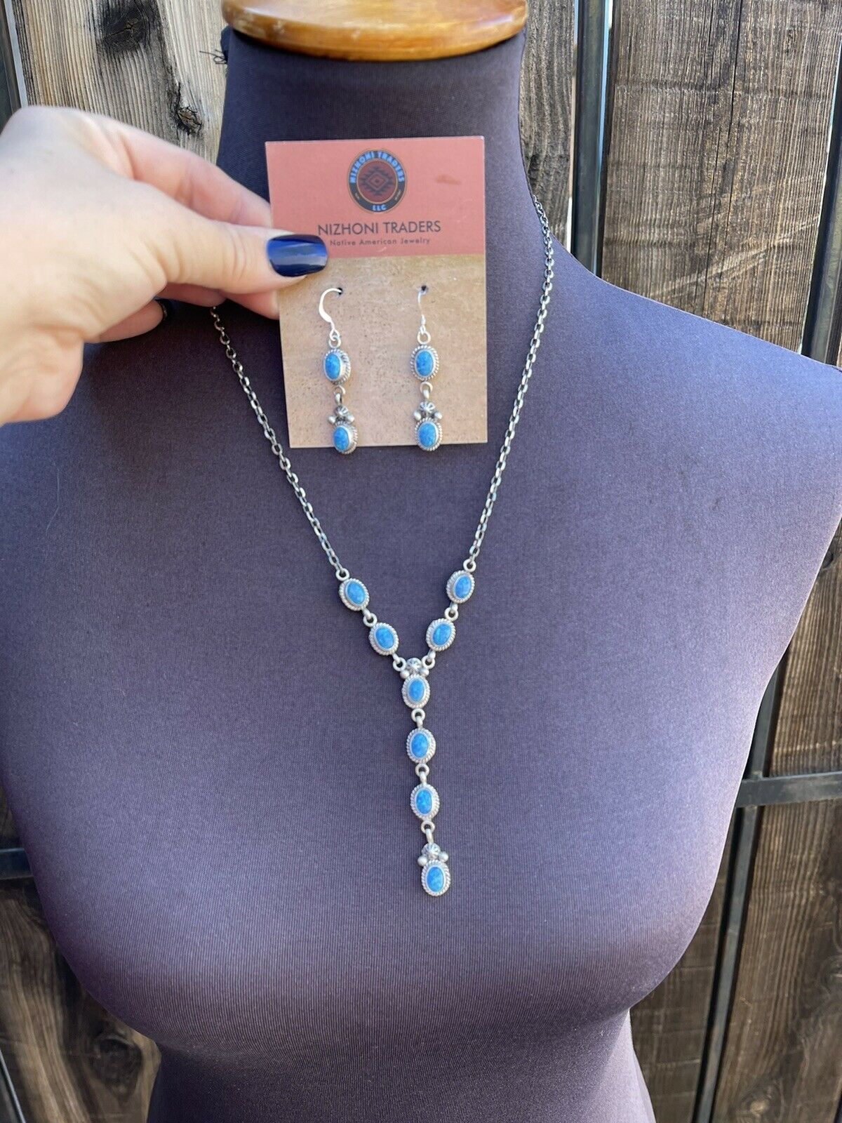 Navajo Sterling Silver & Blue Iridescent Opal Lariat Necklace & Earring Set