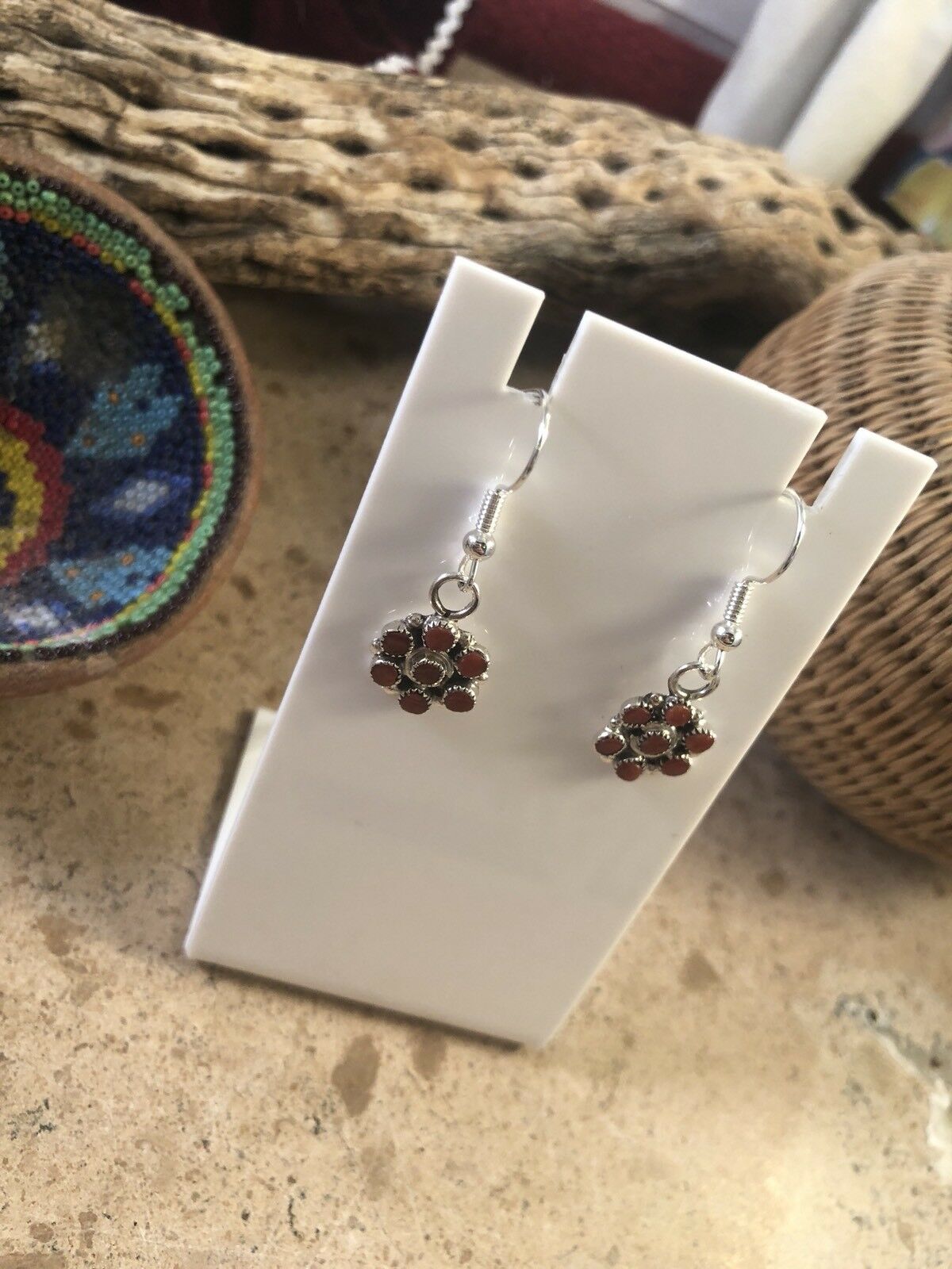Zuni Petit Point Red Coral Sterling Silver Dangle Earrings