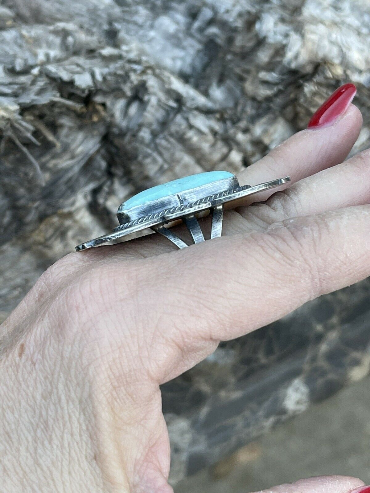Navajo Sterling Silver Turquoise Nouveau Statement Ring Sz 8