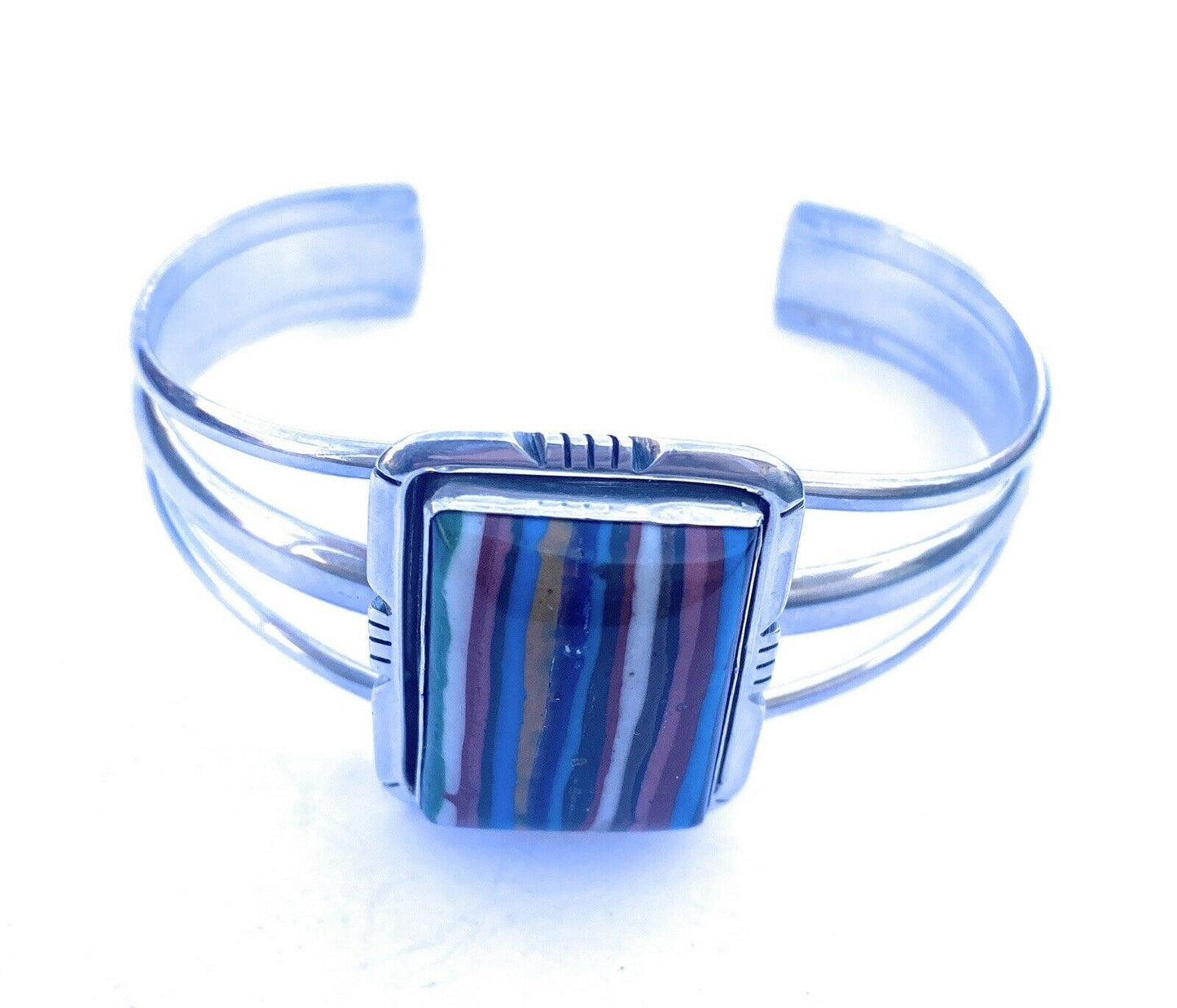 Navajo Sterling Silver & Rainbow Rectangle Cuff Bracelet