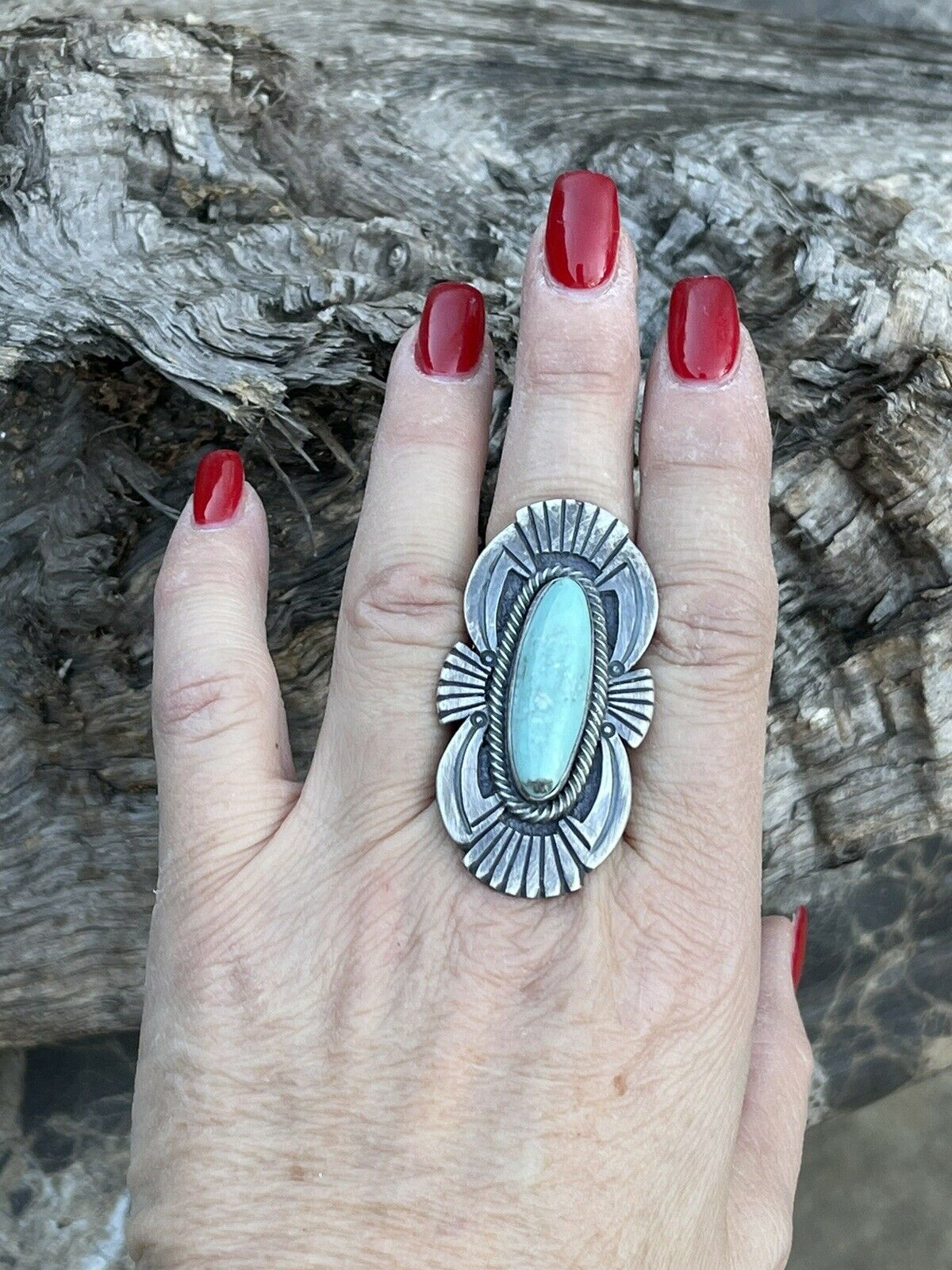 Navajo Sterling Silver Turquoise Nouveau Statement Ring Sz 8