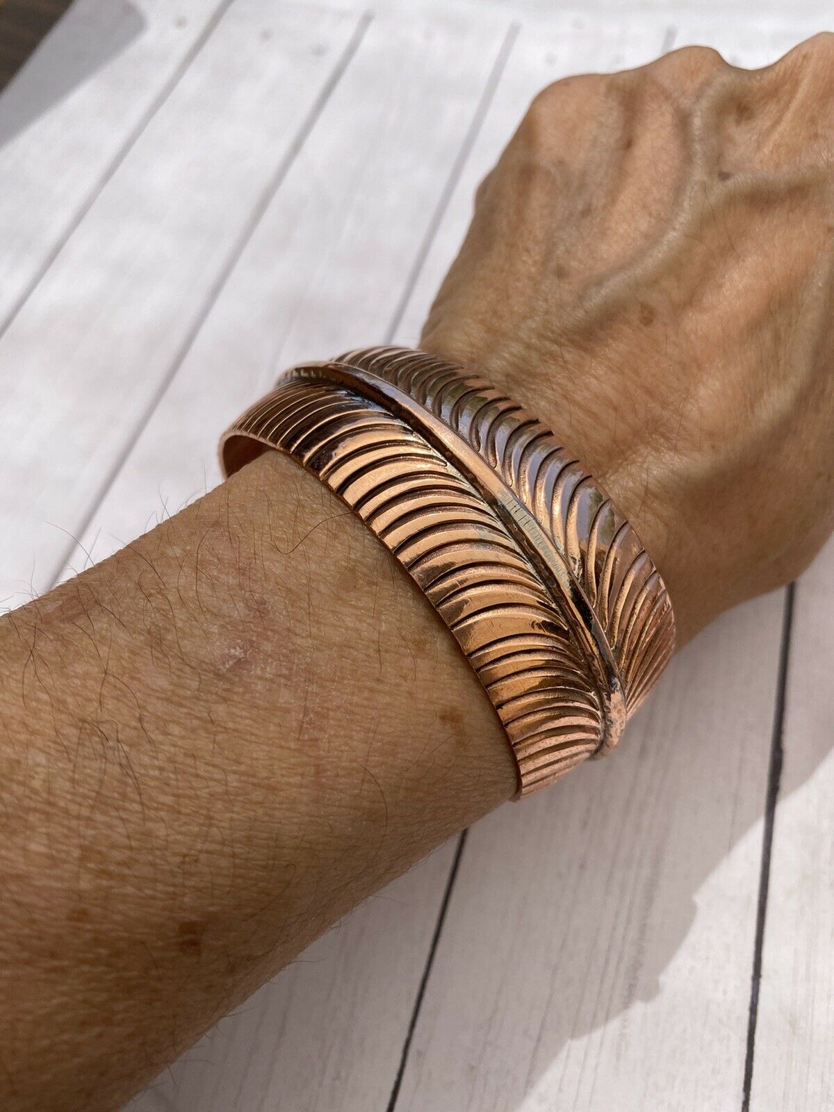Navajo Copper Hand Stamped Feather Bracelet Cuff