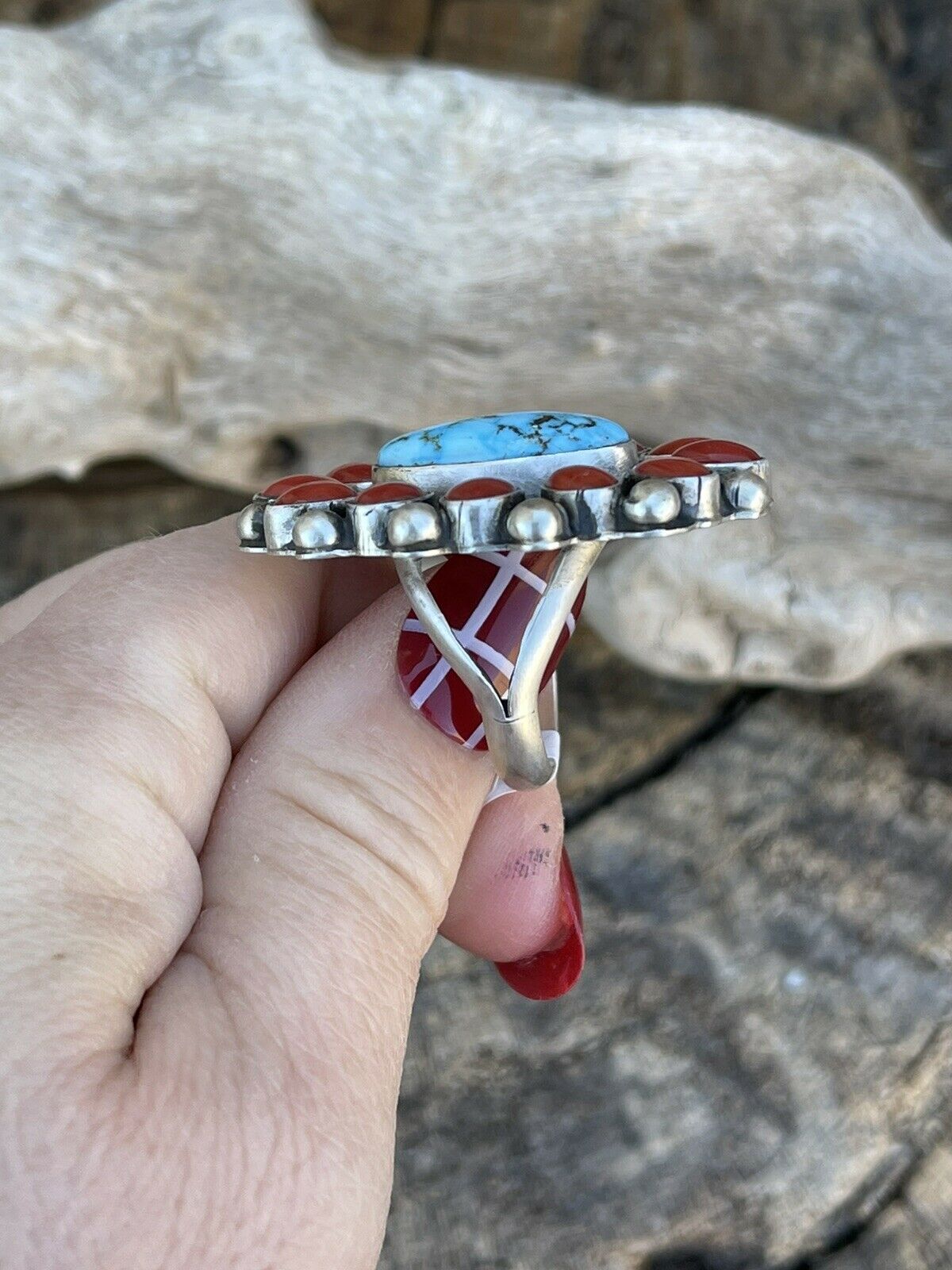 Navajo Sterling Silver Kingman Web Turquoise & Red Coral Taos Ring Sz 7.5