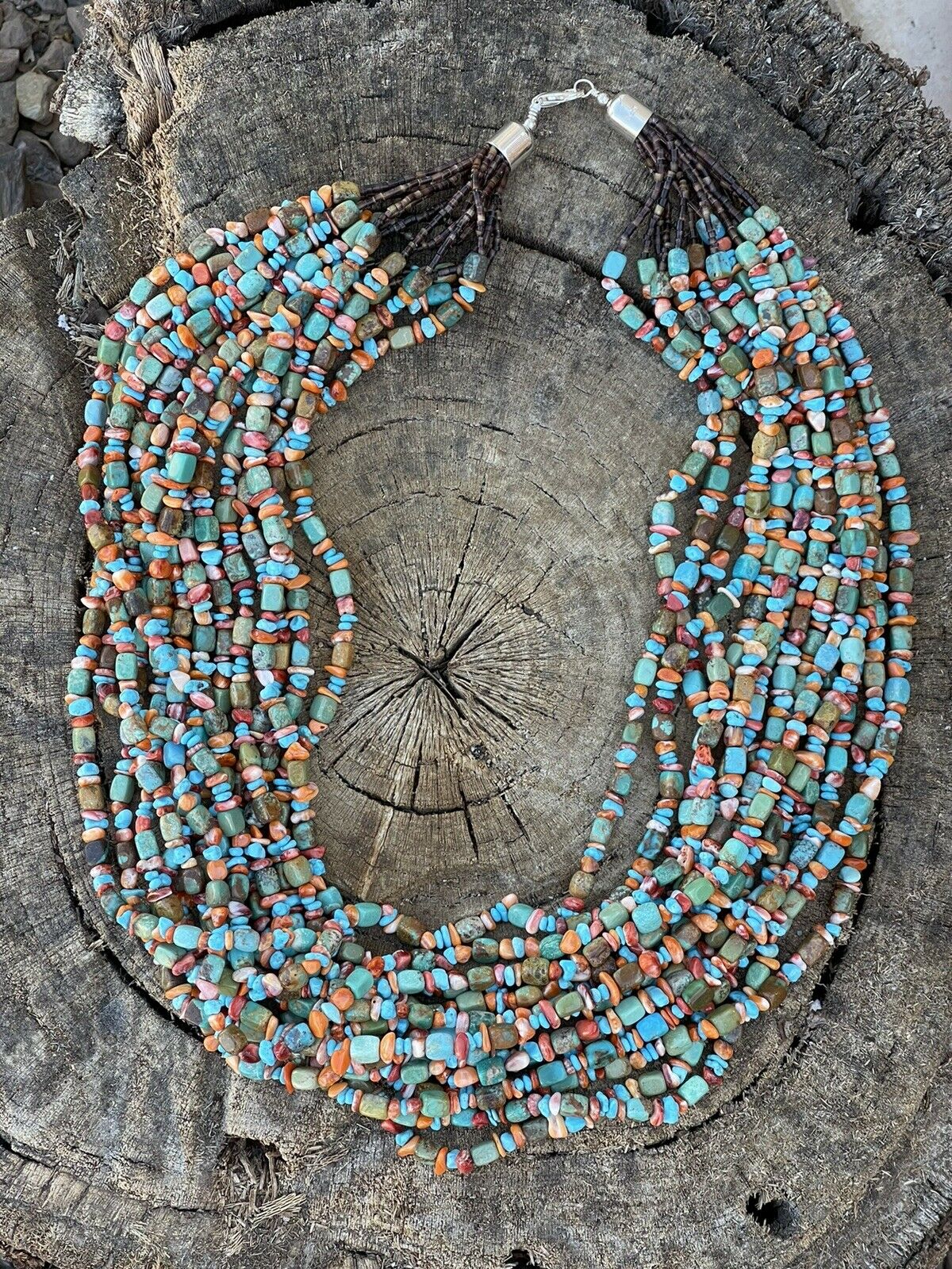 Navajo Turquoise Multi Stone & Sterling Silver 15 Strand Beaded Necklace