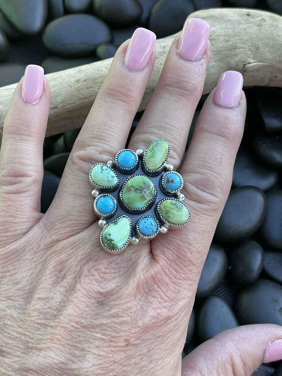Navajo Sterling Sonoran Gold And Golden Hills Turquoise Cluster Ring Size 8.5
