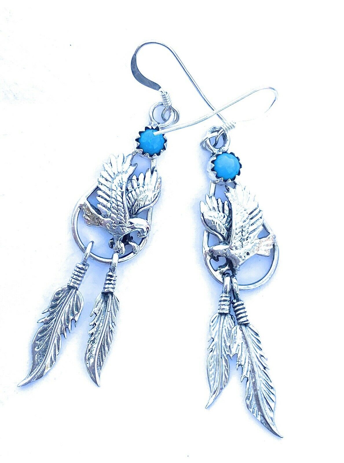 Navajo Sterling Silver Turquoise Feather Dangle Earrings