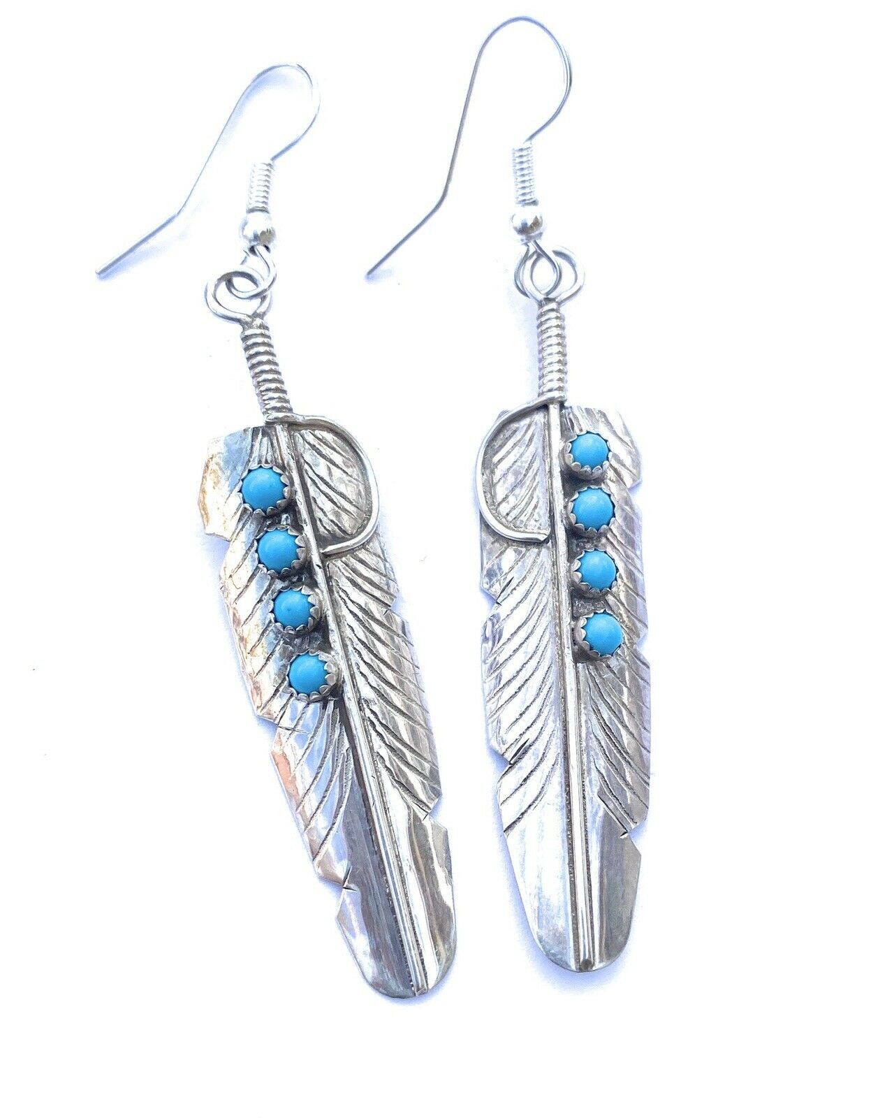 Navajo Turquoise & Sterling Silver Feather Dangle Earrings