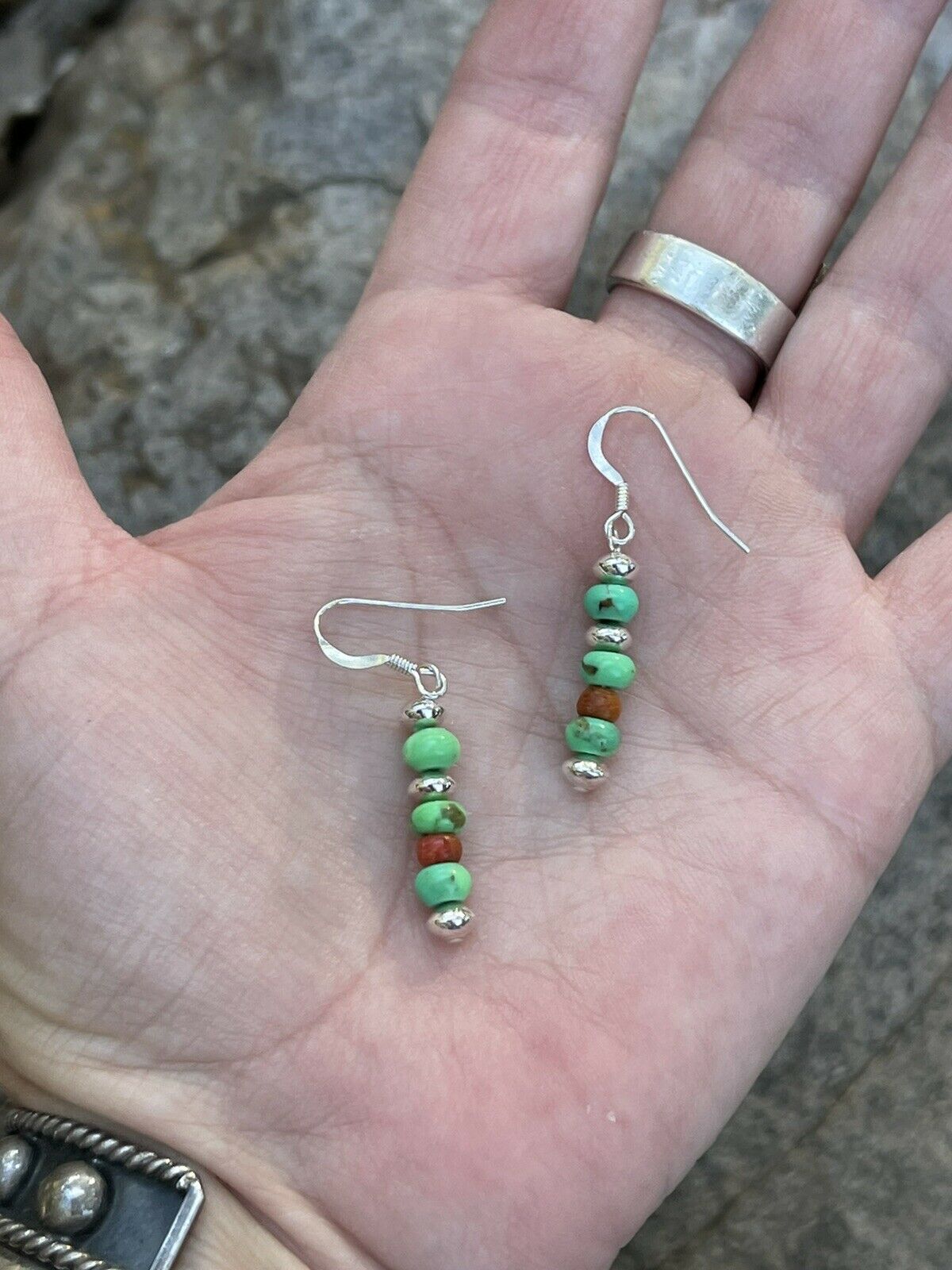 Navajo Sterling Apple Coral & Green Kingman Turquoise Dangle Bead Earrings