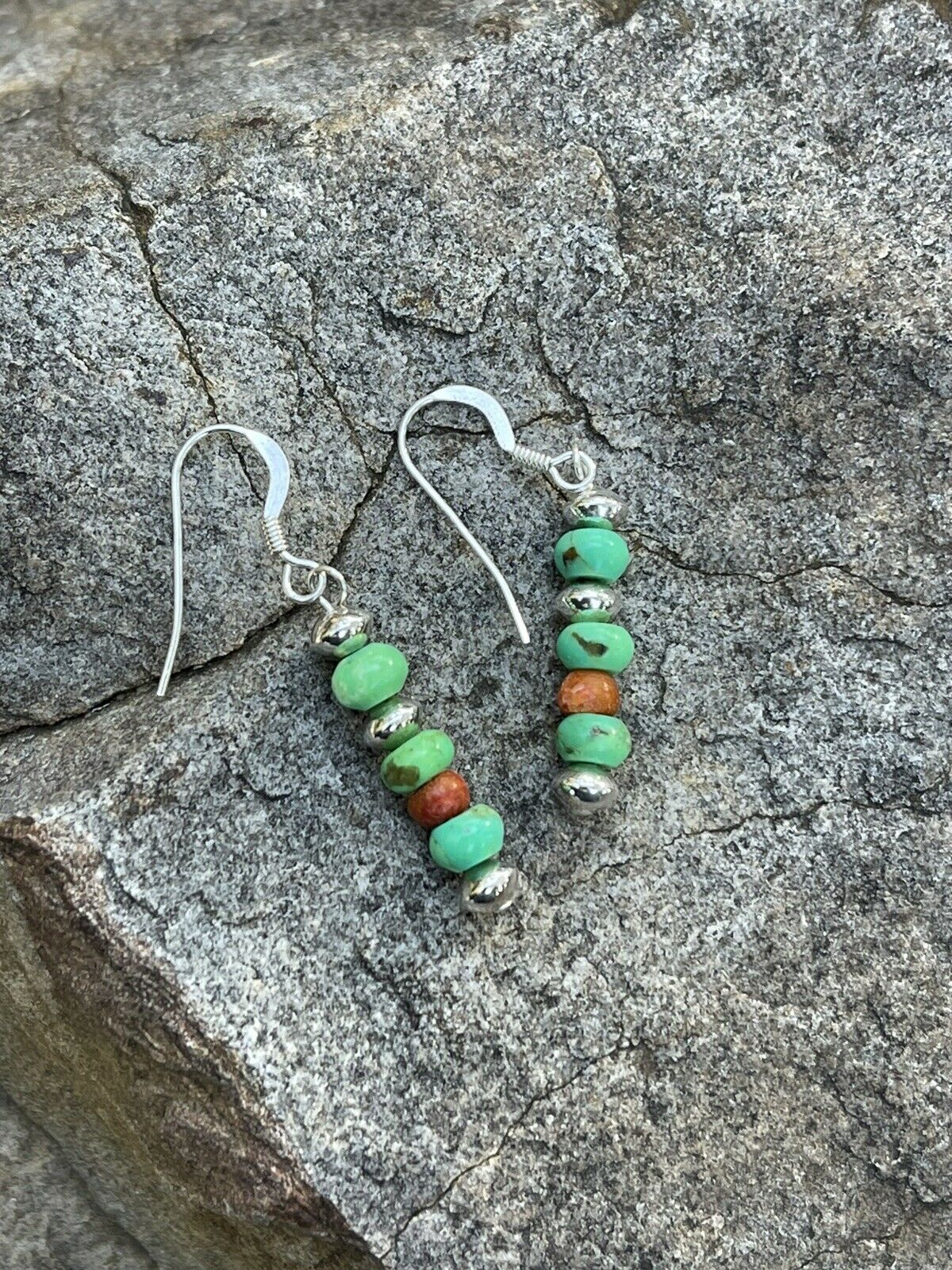 Navajo Sterling Apple Coral & Green Kingman Turquoise Dangle Bead Earrings