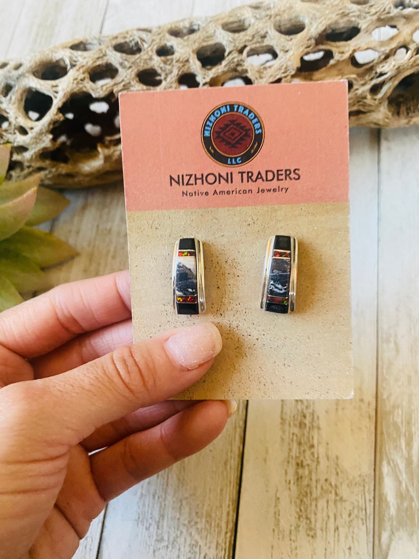Navajo Multi Stone & Sterling Silver Inlay Dangle Earrings Signed