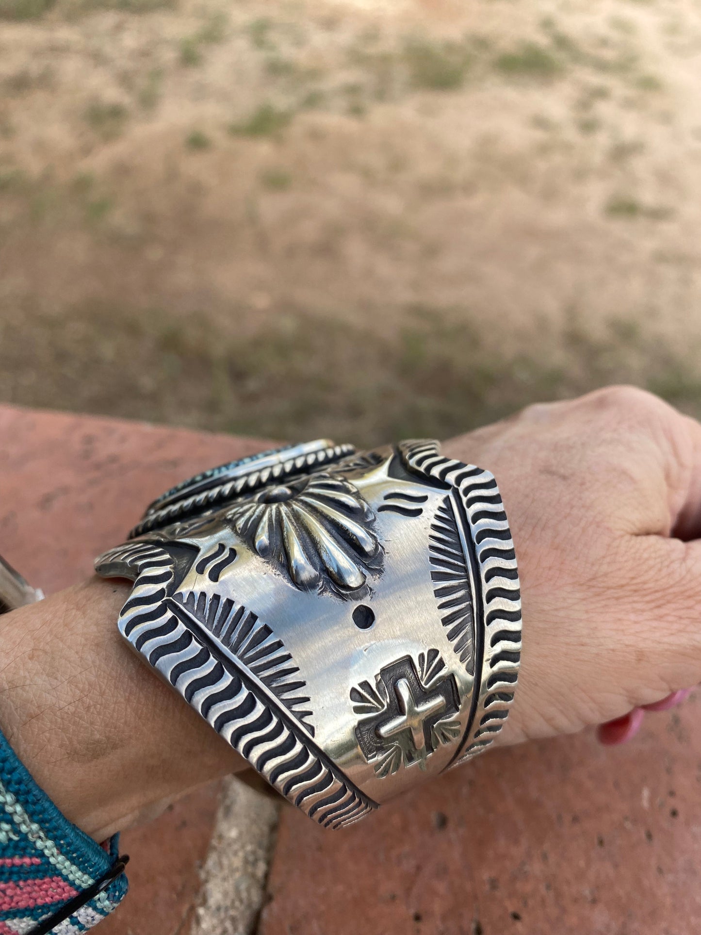 Navajo Hand Stamped New Lander Turquoise & Sterling Silver Cross Cuff Bracelet By Elvira Bill