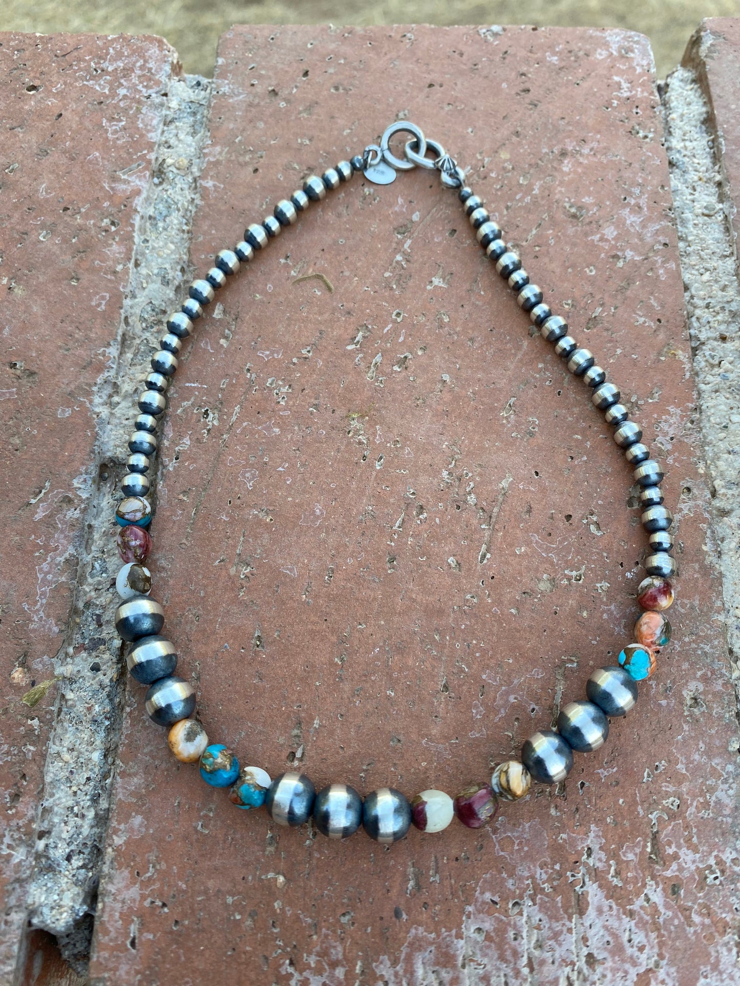Navajo Turquoise & Spiny Spice Sterling Silver Beaded Necklace 14 inch