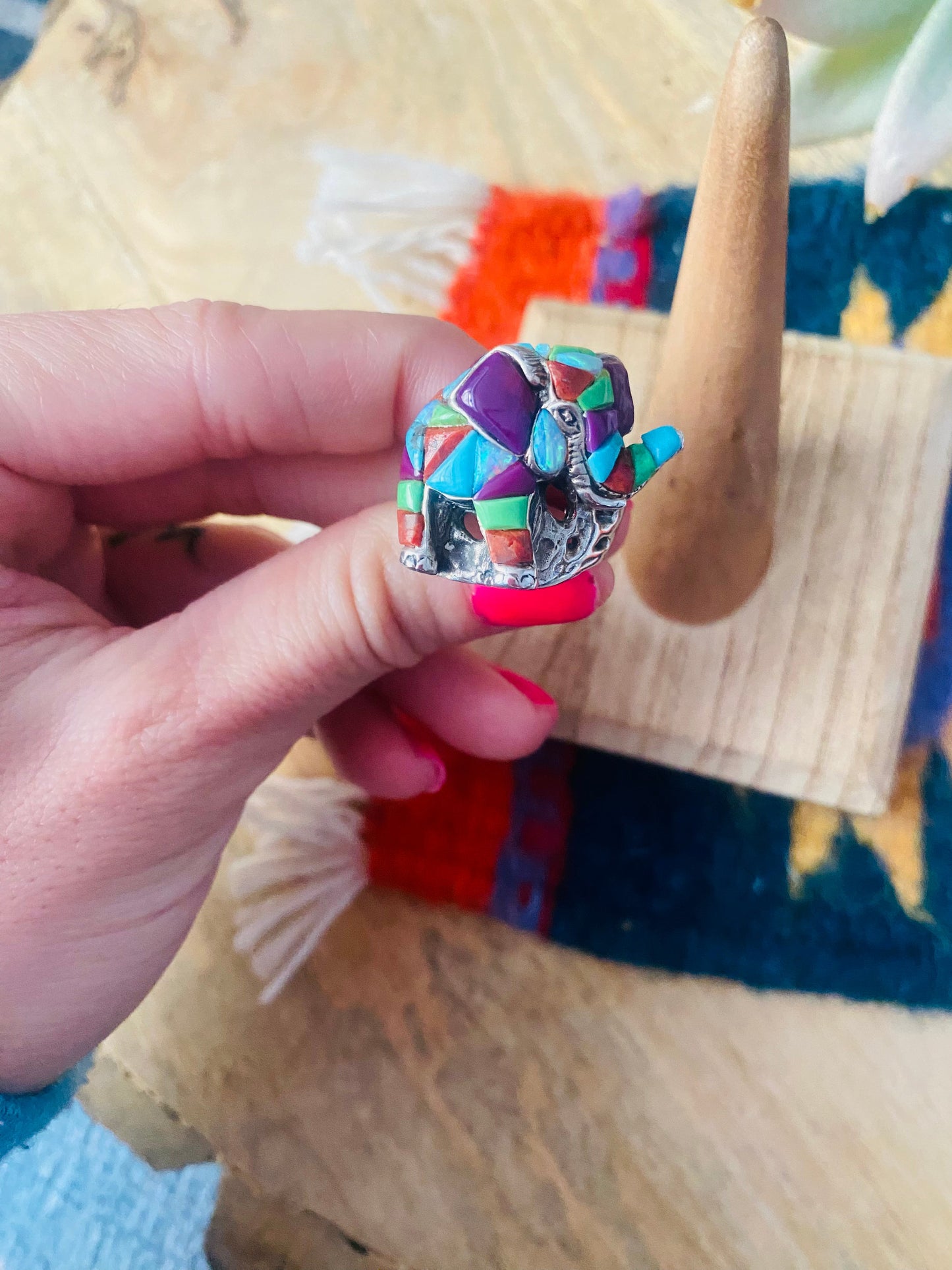 Handmade Sterling Silver & Multi Stone Inlay Elephant Ring Size 7.5