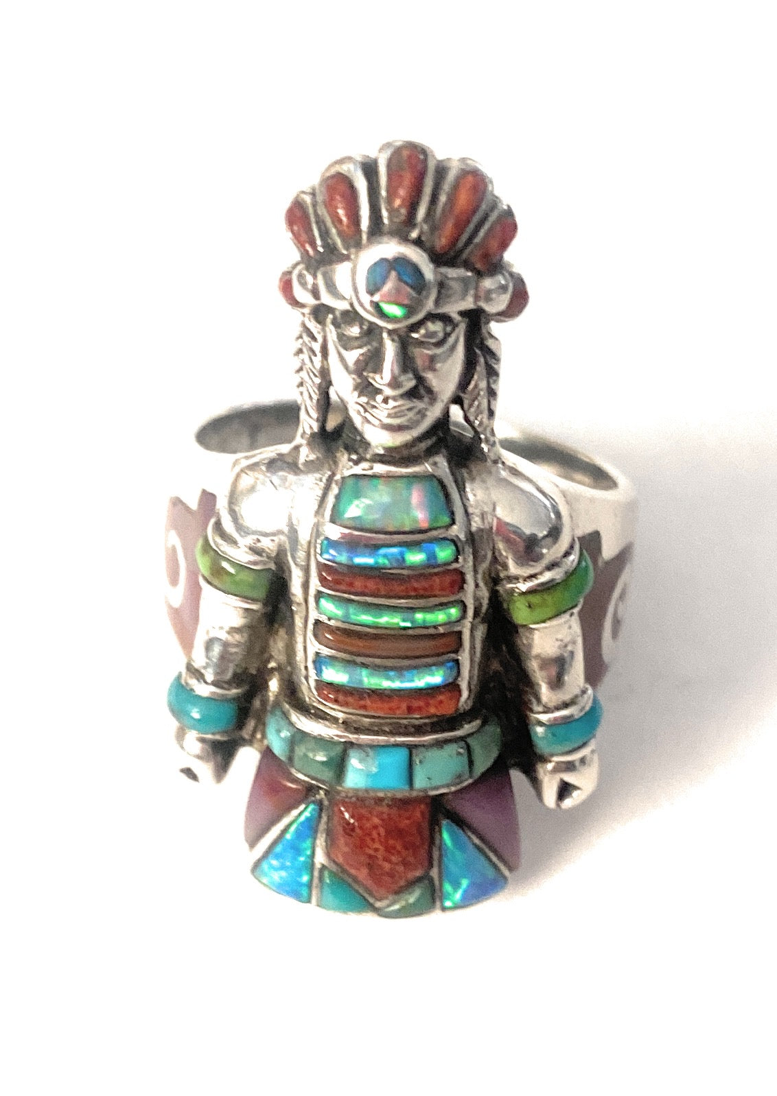 Handmade Sterling Silver & Multi Stone Inlay Indian Chief Ring Size 9