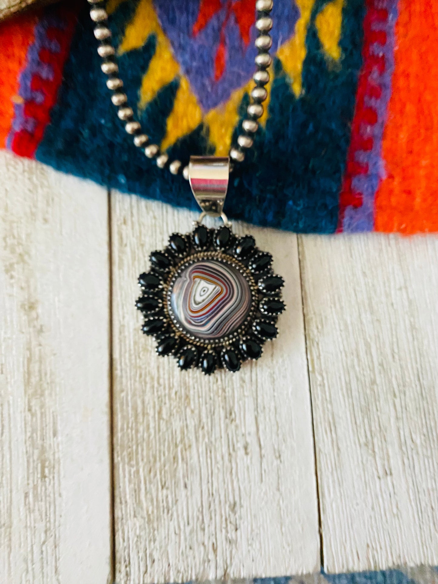 Handmade Sterling Silver, Fordite & Onyx Cluster Pendant