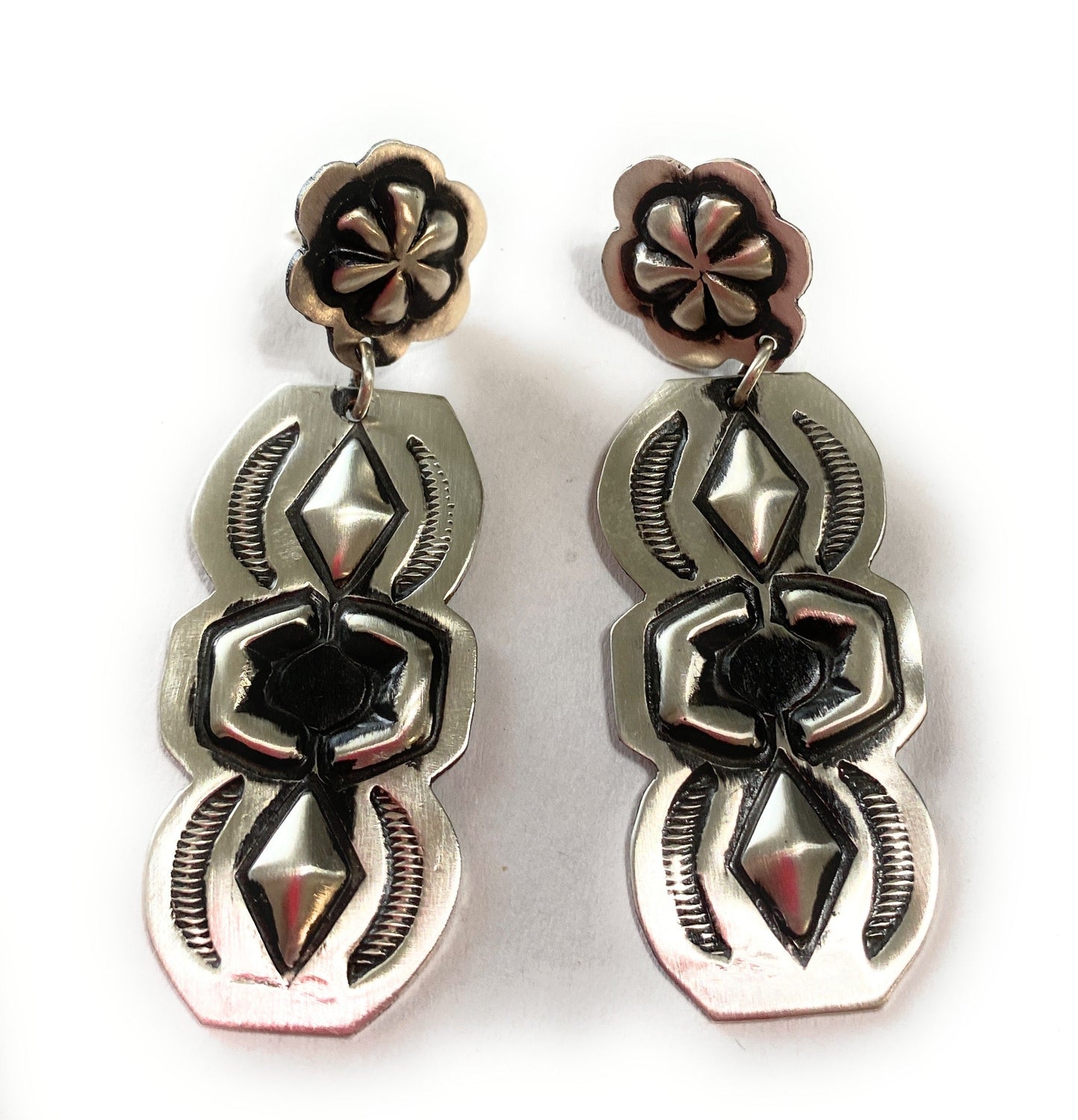 Navajo Sterling Silver Concho Dangle Earrings By Leander Tahe