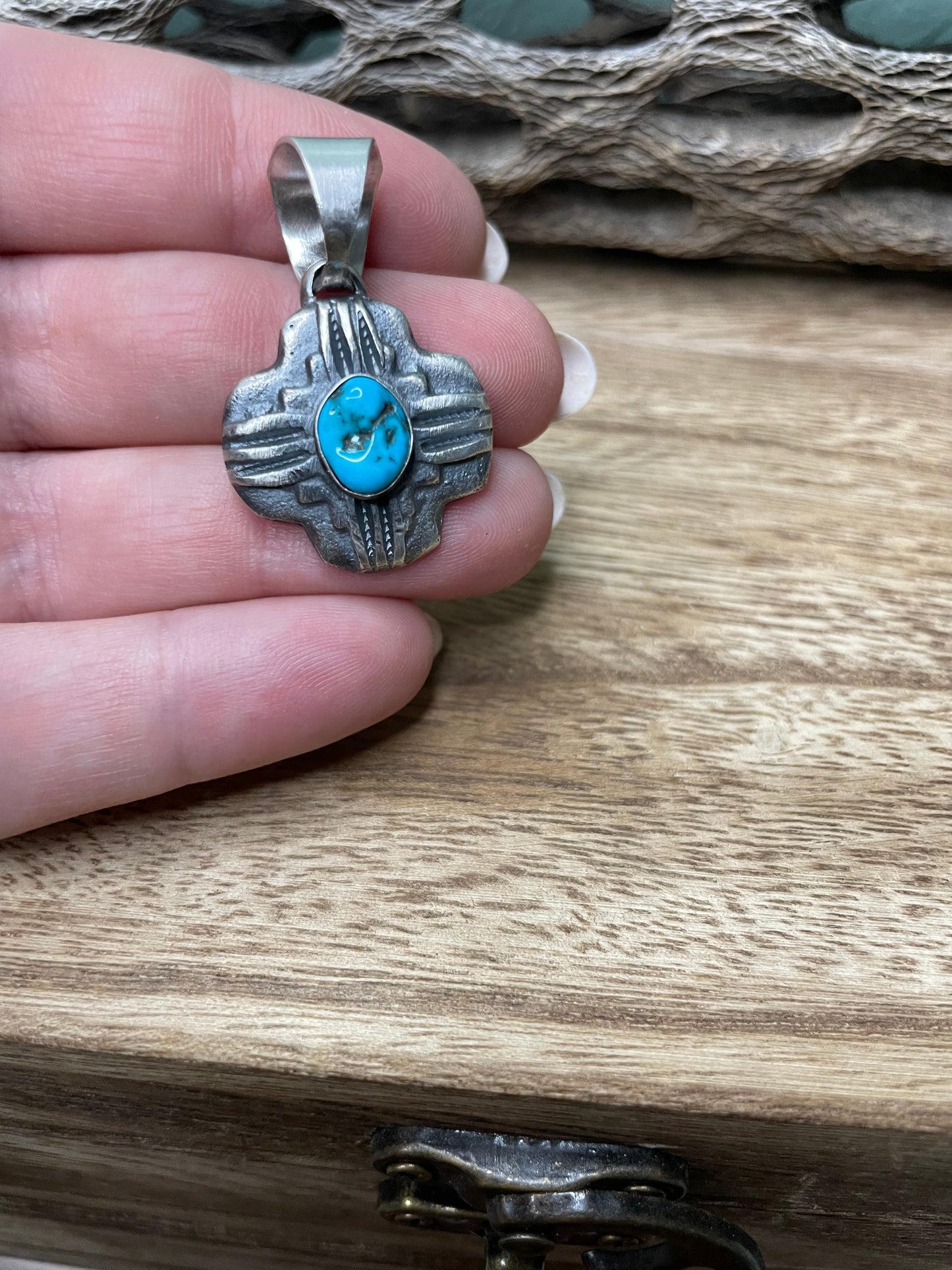 Navajo Sterling Silver Turquoise Pendant By Chimney Butte