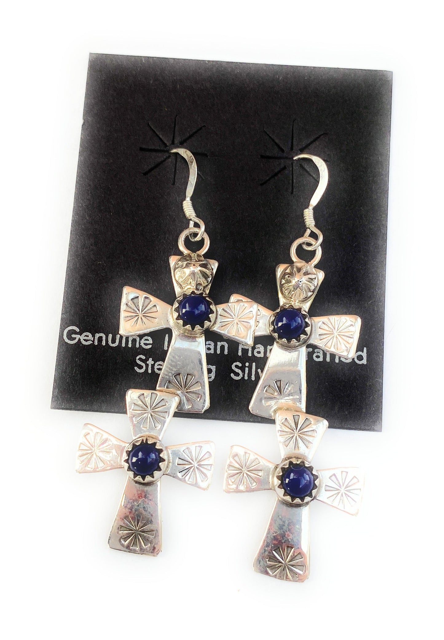 Navajo Hand Stamped Sterling Silver & Lapis Double Cross Dangle Earrings