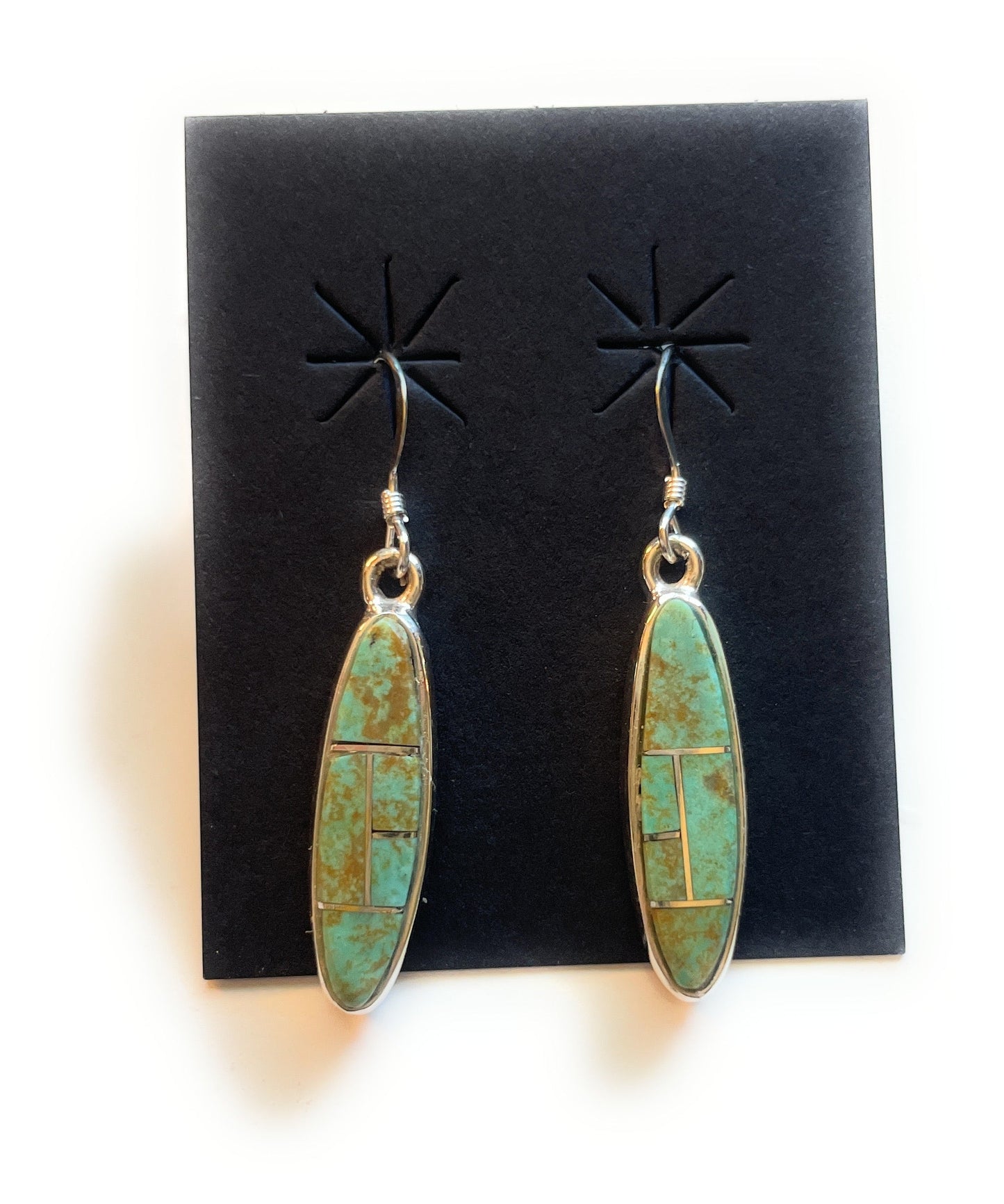 Navajo Number 8 Turquoise & Sterling Silver Inlay Dangle Earrings Signed