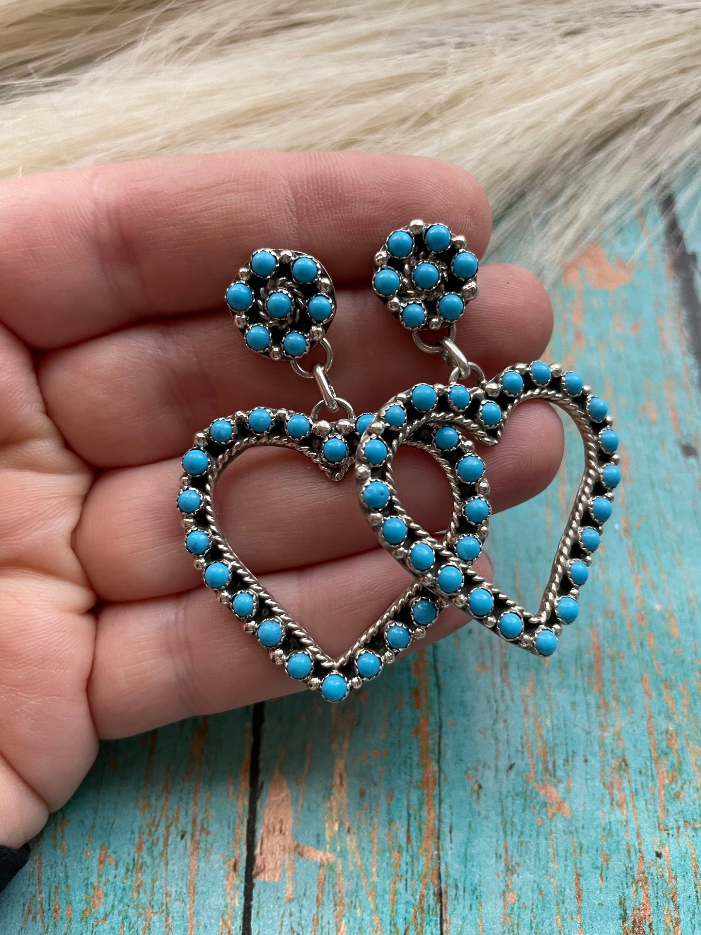Navajo Sleeping Beauty Turquoise And Sterling Silver Heart Dangle Earrings