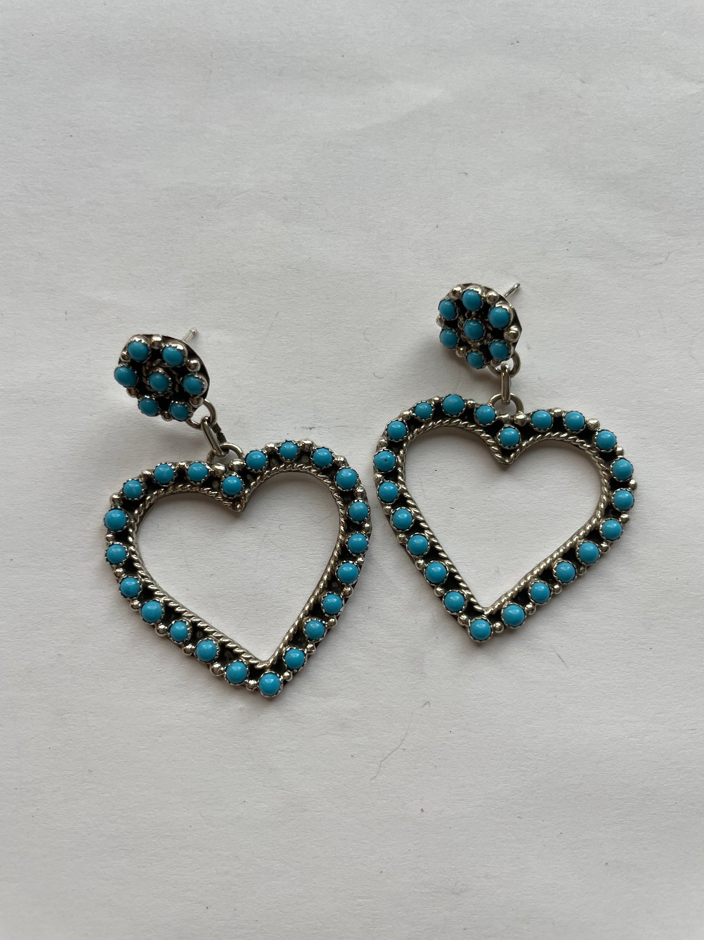 Navajo Sleeping Beauty Turquoise And Sterling Silver Heart Dangle Earrings
