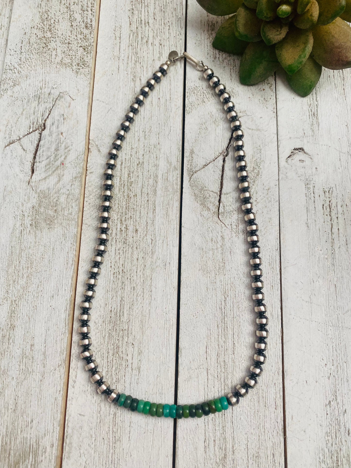 Navajo Turquoise & Sterling Silver Beaded Necklace 18”
