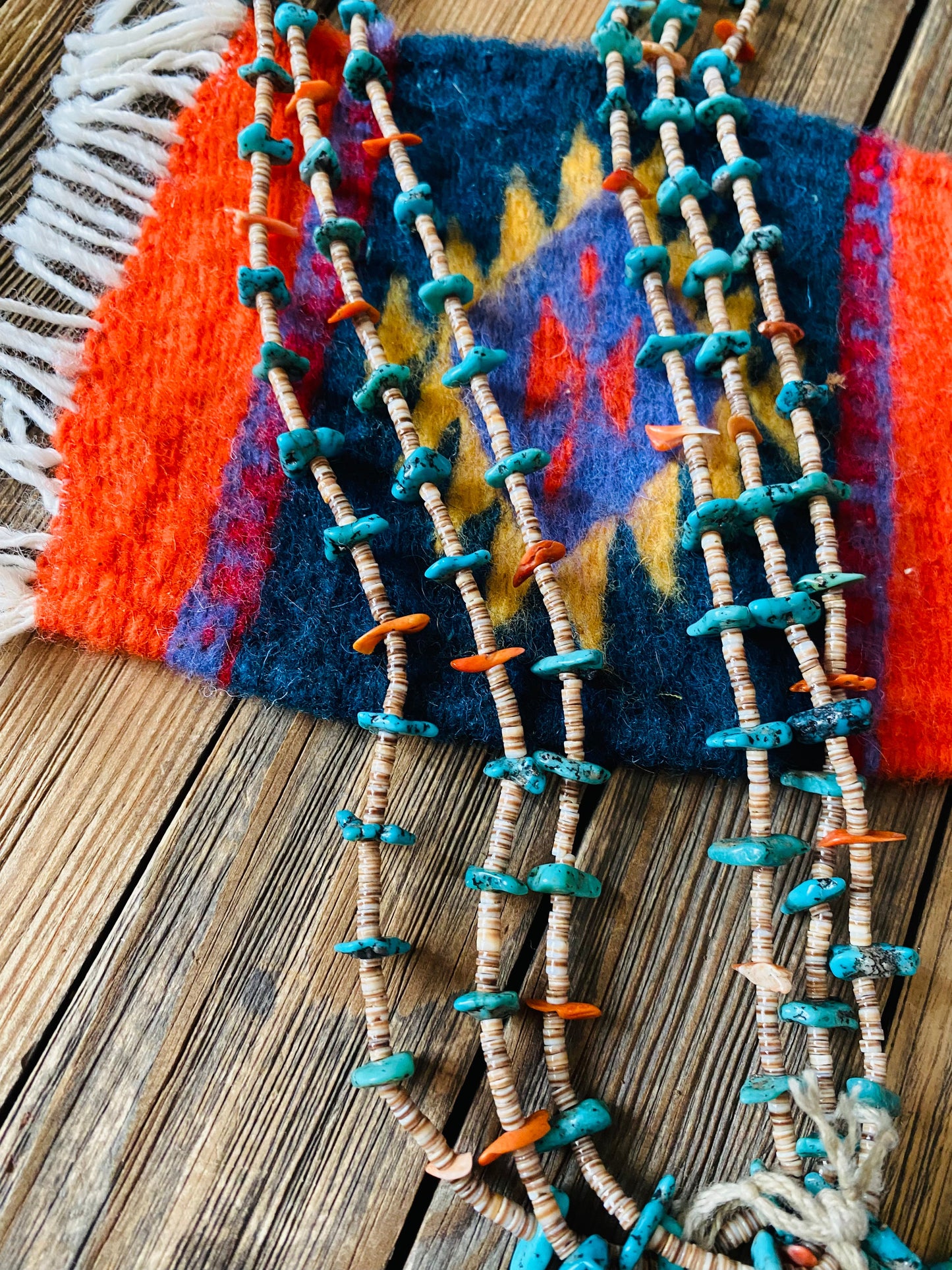 Vintage Old Pawn Navajo Turquoise, Coral & Heishi Jacla Beaded Necklace