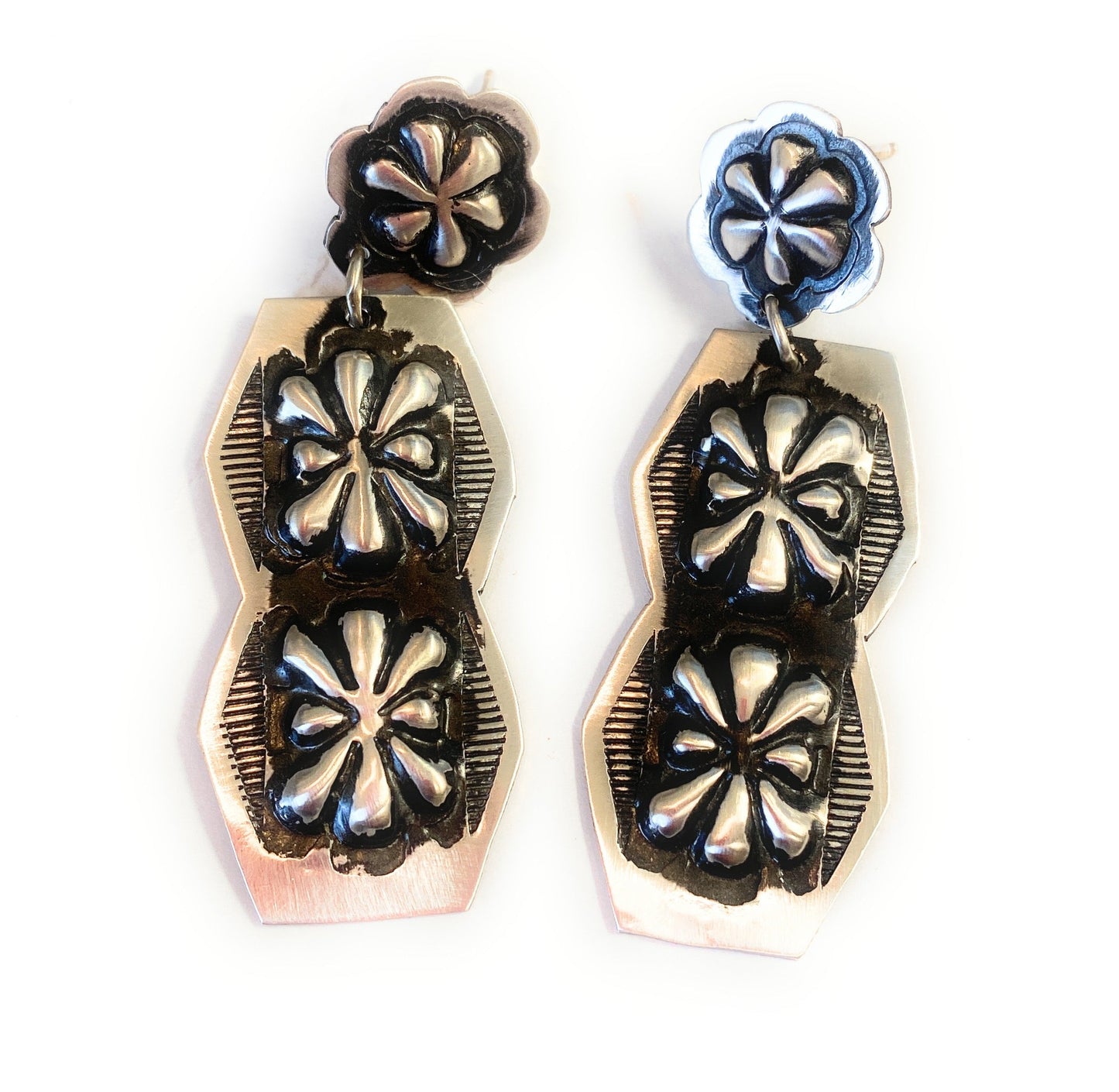 Navajo Sterling Silver Concho Dangle Earrings By Leander Tahe