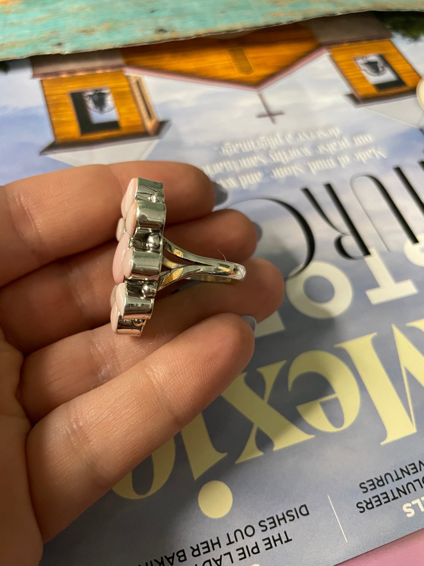 Navajo Pink Conch And Sterling Silver Cluster Ring By Sheila Becenti