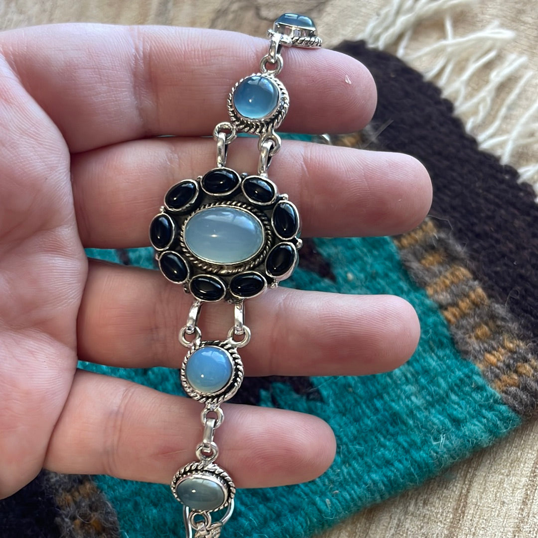 Handmade Sterling Silver, Onyx & Aqua Calcedony Link Bracelet Signed Nizhoni