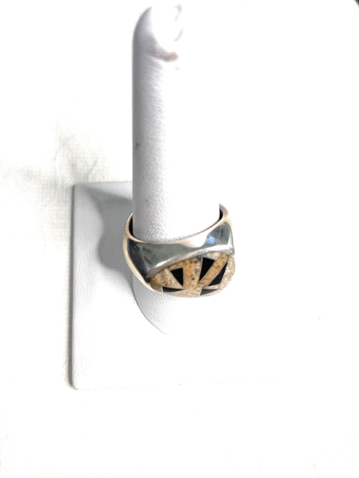 Old Pawn Navajo Sterling Silver, Tiger Eye & Onyx Ring Size 10.5
