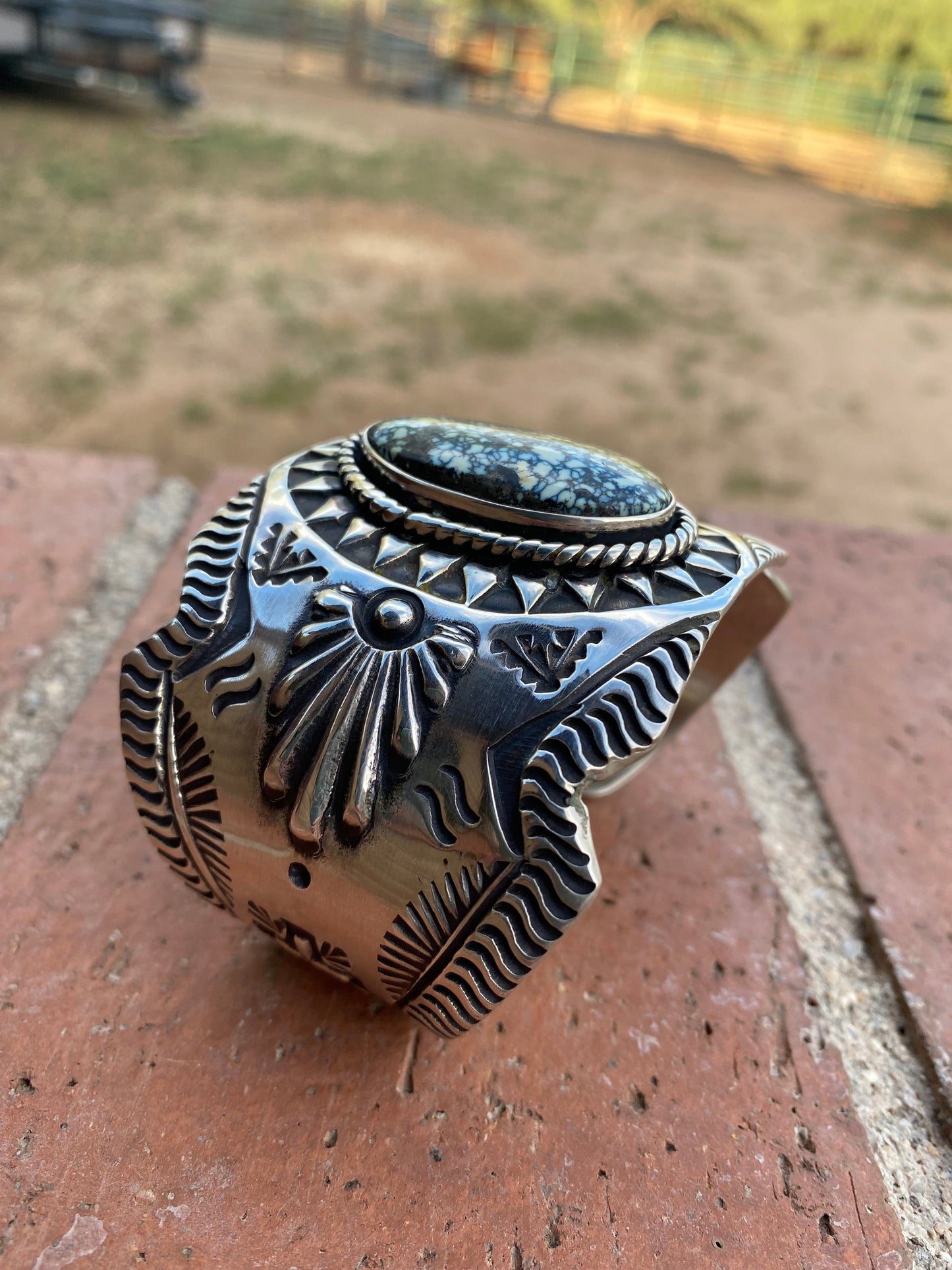 Navajo Hand Stamped New Lander Turquoise & Sterling Silver Cross Cuff Bracelet By Elvira Bill