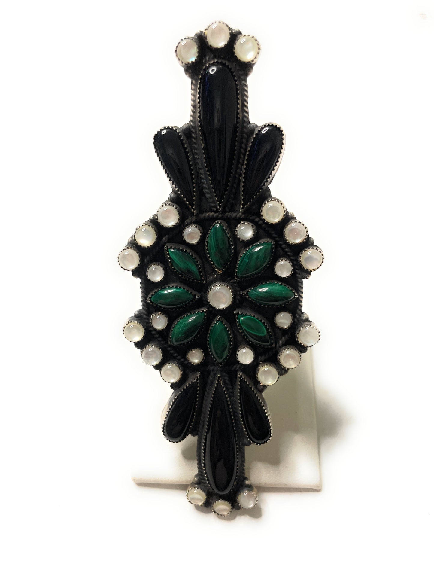Navajo Sterling Silver Black Onyx And Malachite Statement Ring Size 8 By Devon Brown