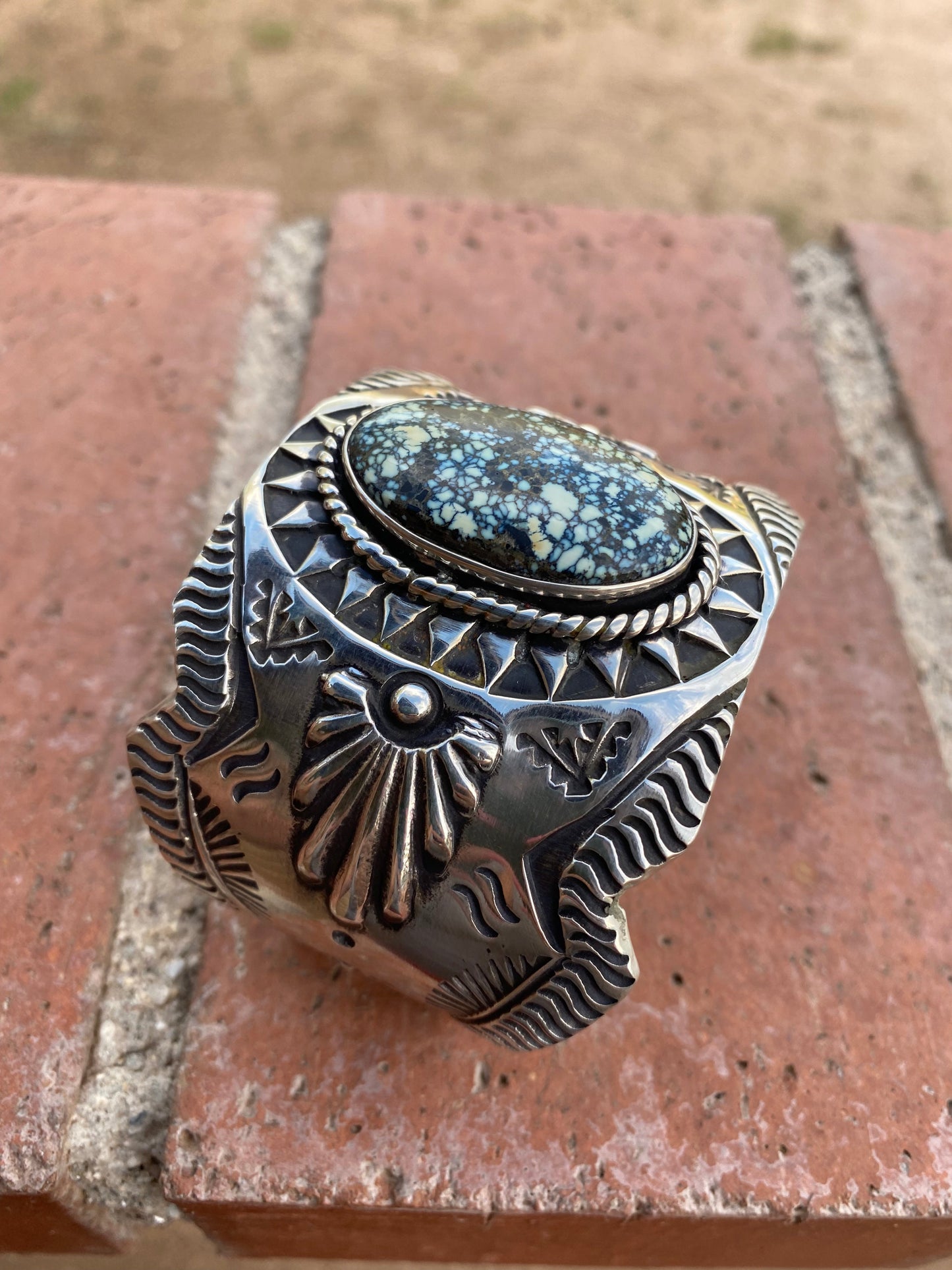 Navajo Hand Stamped New Lander Turquoise & Sterling Silver Cross Cuff Bracelet By Elvira Bill