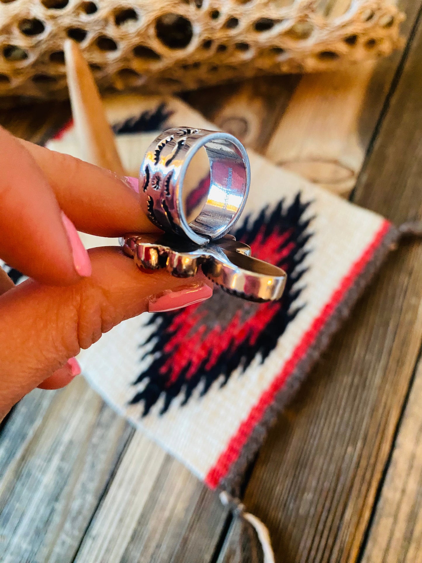 Handmade Sterling Silver, Fordite & Coral Cluster Adjustable Ring