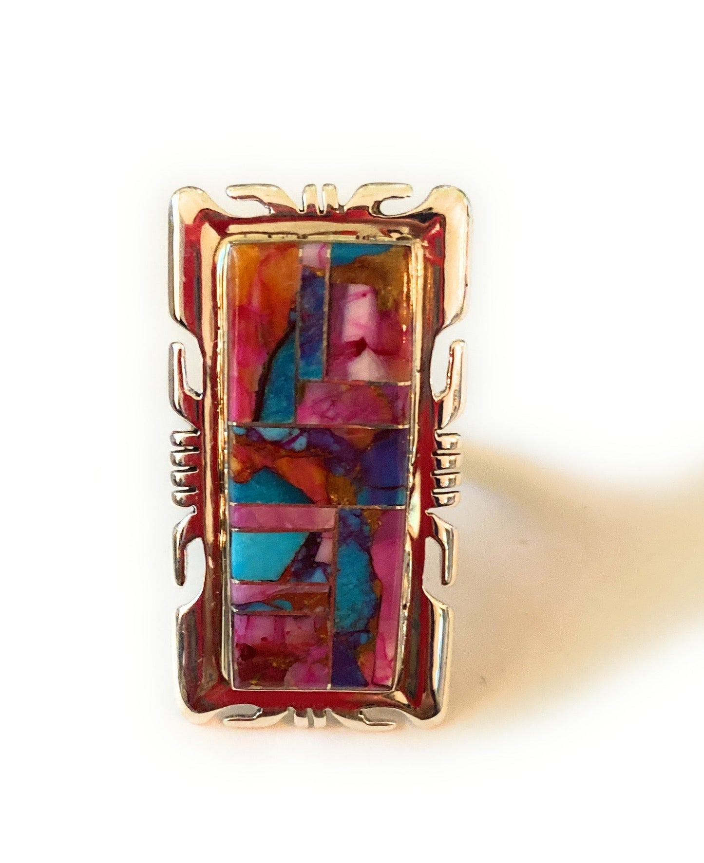 Navajo Sterling Silver & Pink Dream Mohave Rectangle Inlay Ring Size 8.25