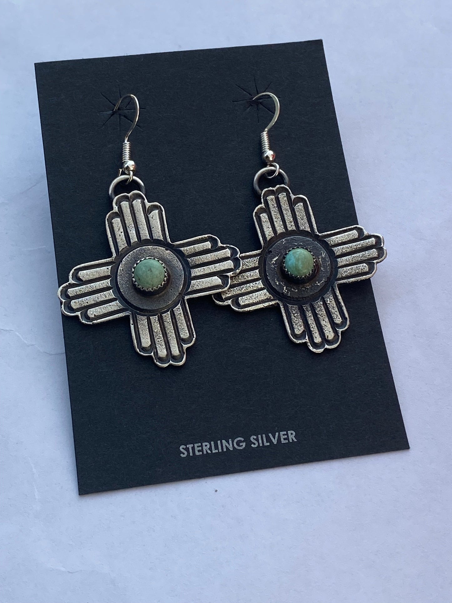 Navajo Turquoise & Sterling Silver Zia Dangle Earrings By Kevin Billah